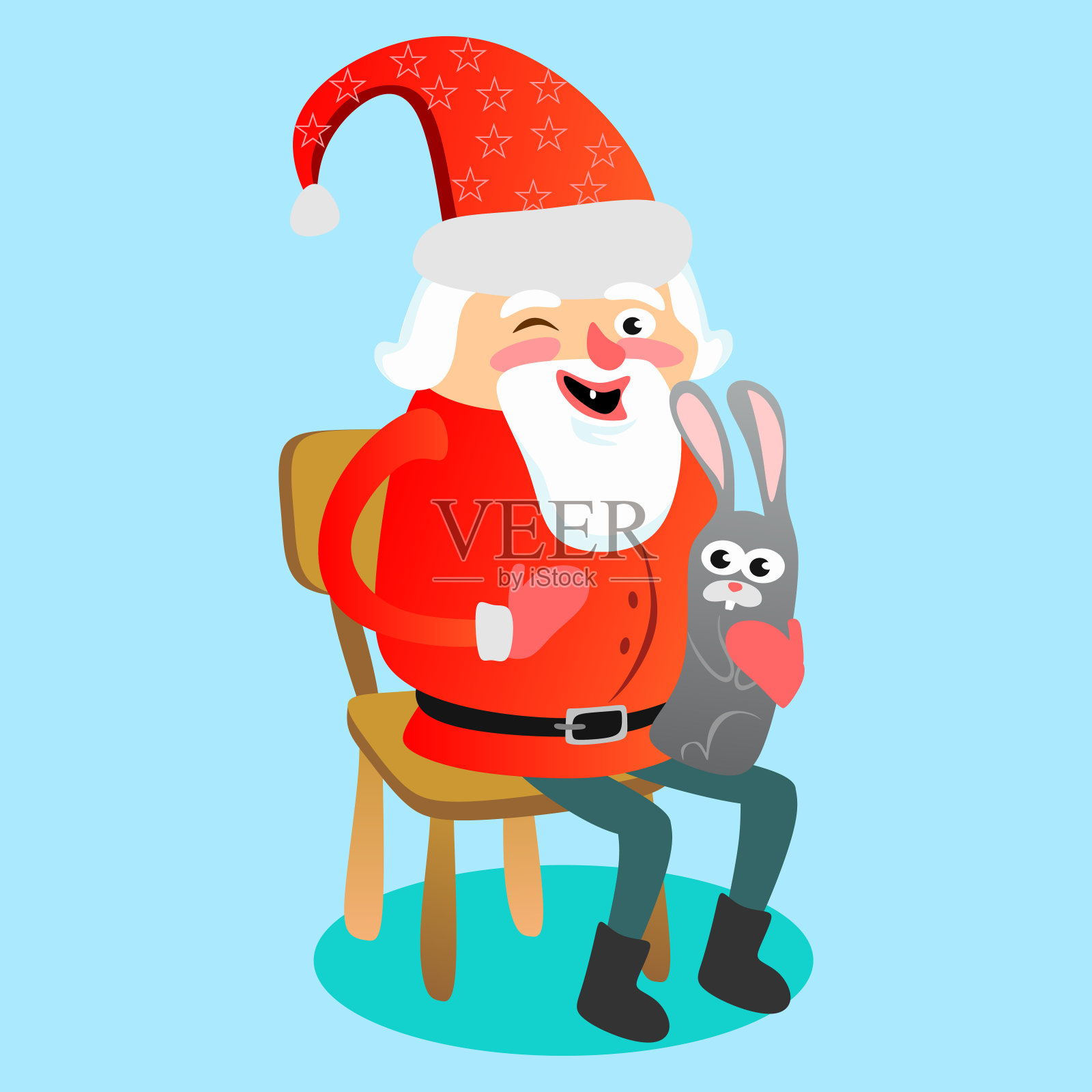圣诞老人戴着红色的帽子和胡子坐在椅子上的兔子在手中许下愿望，有金色翅膀的魔法仙女帮助和准备礼物，结婚的圣诞和快乐新年矢量插图插画图片素材