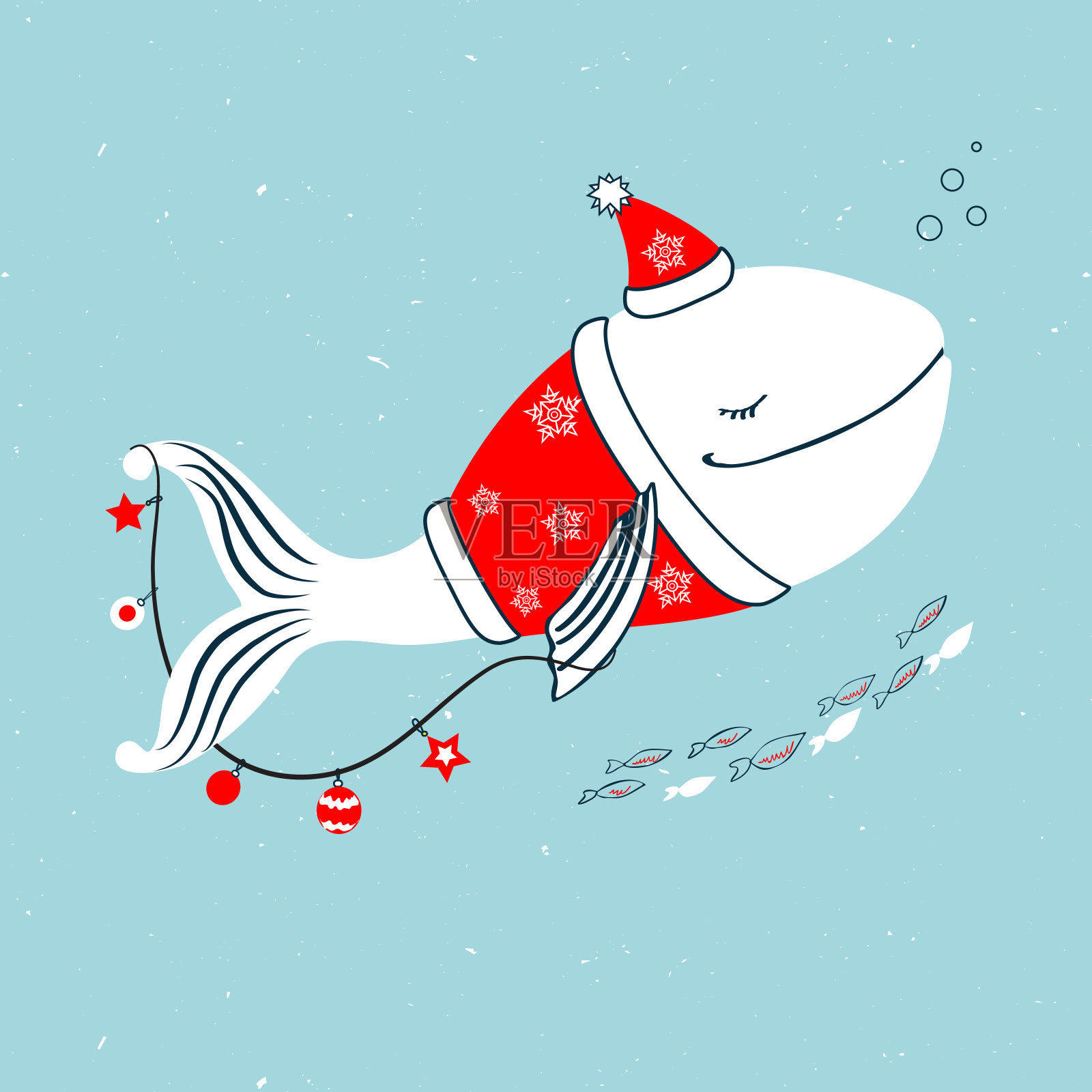 鲸鱼在圣诞老人服装与花环，圣诞装饰卡通动物孤立在蓝色背景，矢量彩色插图，人物设计的贺卡，儿童邀请设计元素图片