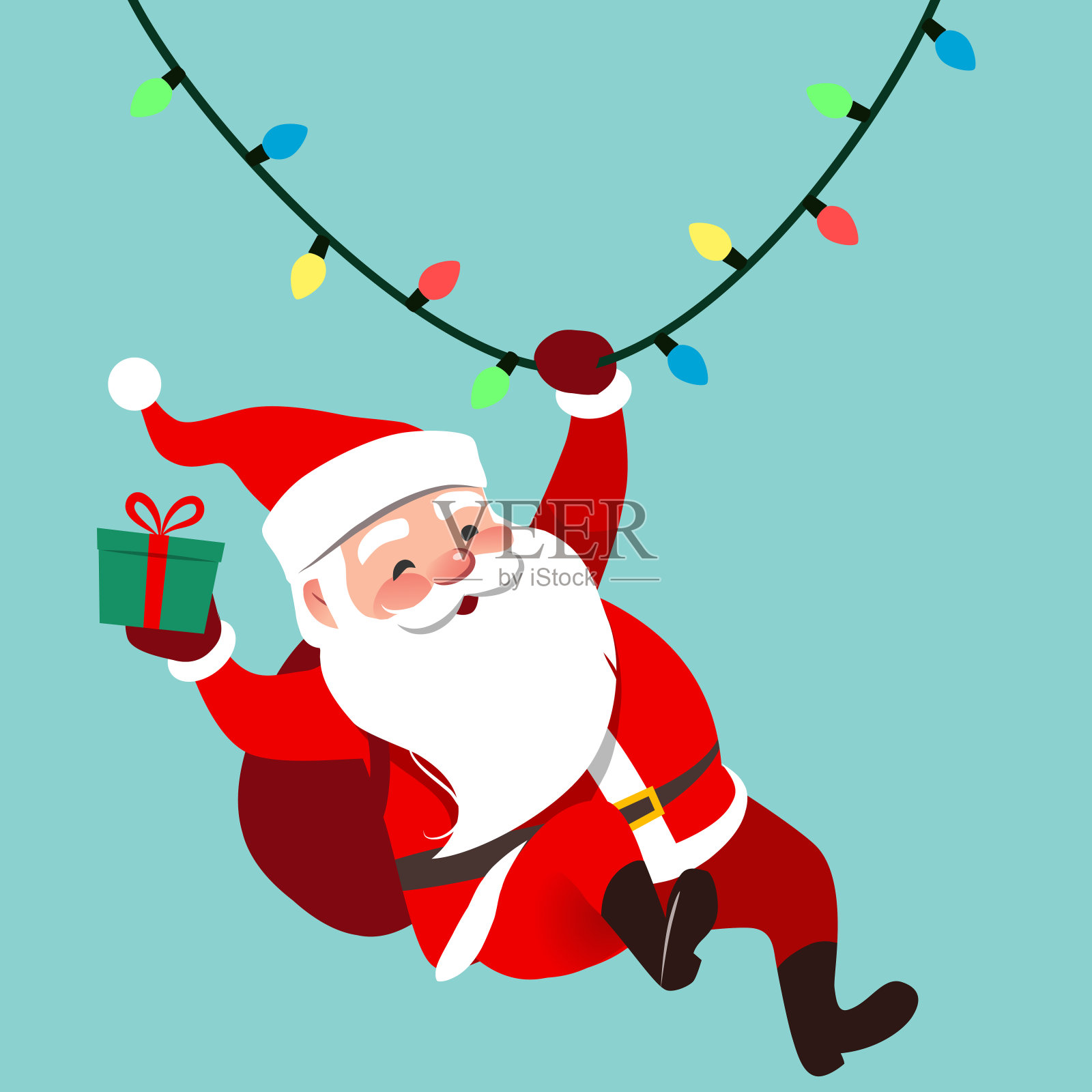 矢量卡通插图的可爱的传统圣诞老人人物摆动在一串绳子圣诞灯，包裹的礼物在手中，孤立在水蓝色。圣诞冬季假日设计元素插画图片素材