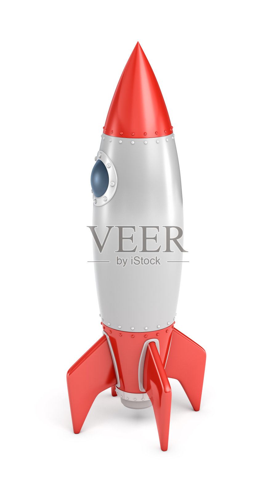 一个银色和红色的火箭船与一个圆形舷窗孤立在白色背景的3d渲染设计元素图片