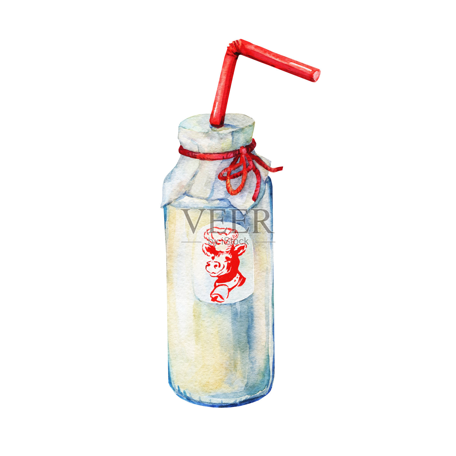 一瓶牛奶。手绘水彩画在白色的背景。插画图片素材
