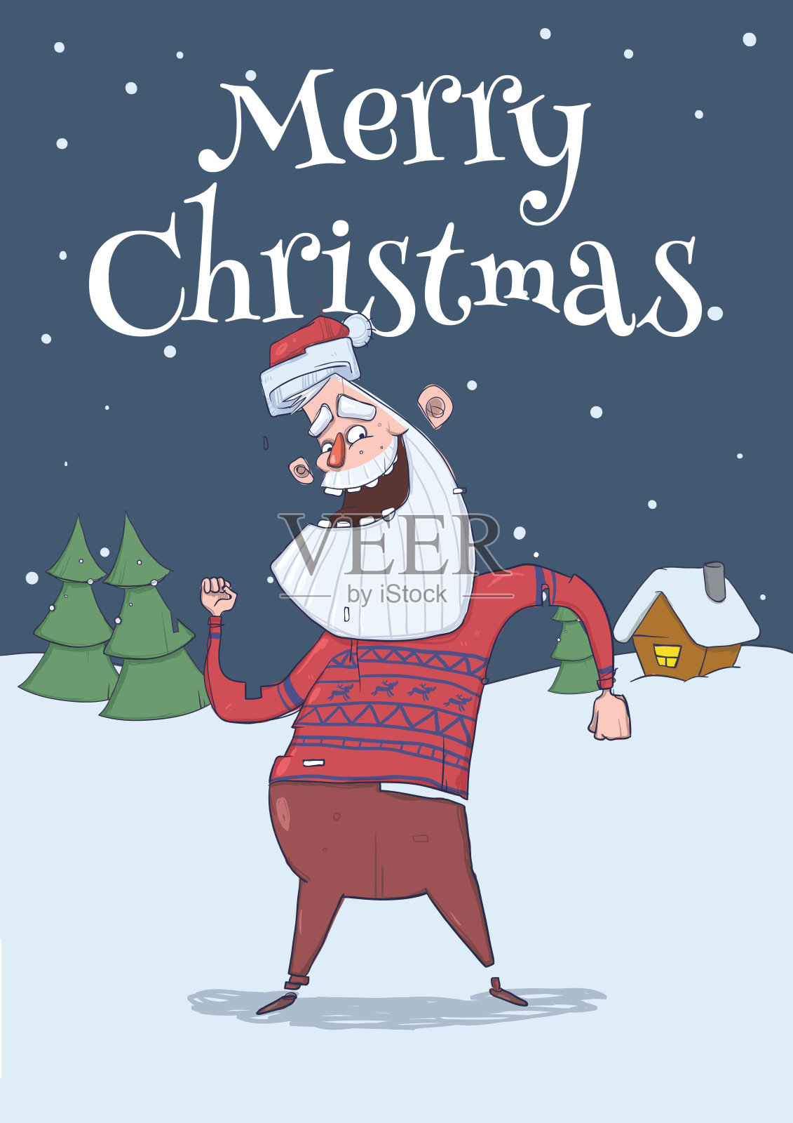 圣诞卡片上的圣诞老人穿着鹿毛衣在雪夜在云杉和喜庆的房子前跳舞。垂直的矢量图。卡通人物。刻字。副本的空间。设计模板素材