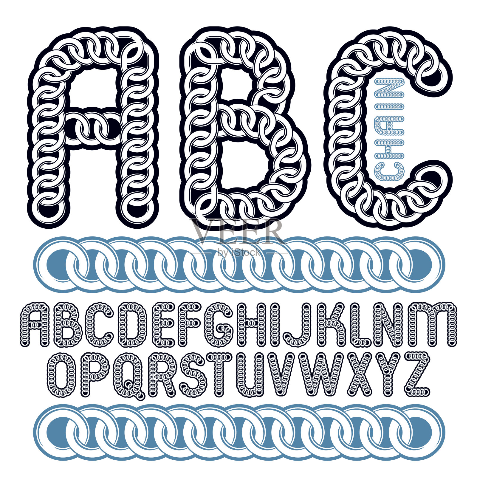 矢量类型字体，脚本从a到z。大写装饰字母，abc创建使用铬链，链接。插画图片素材