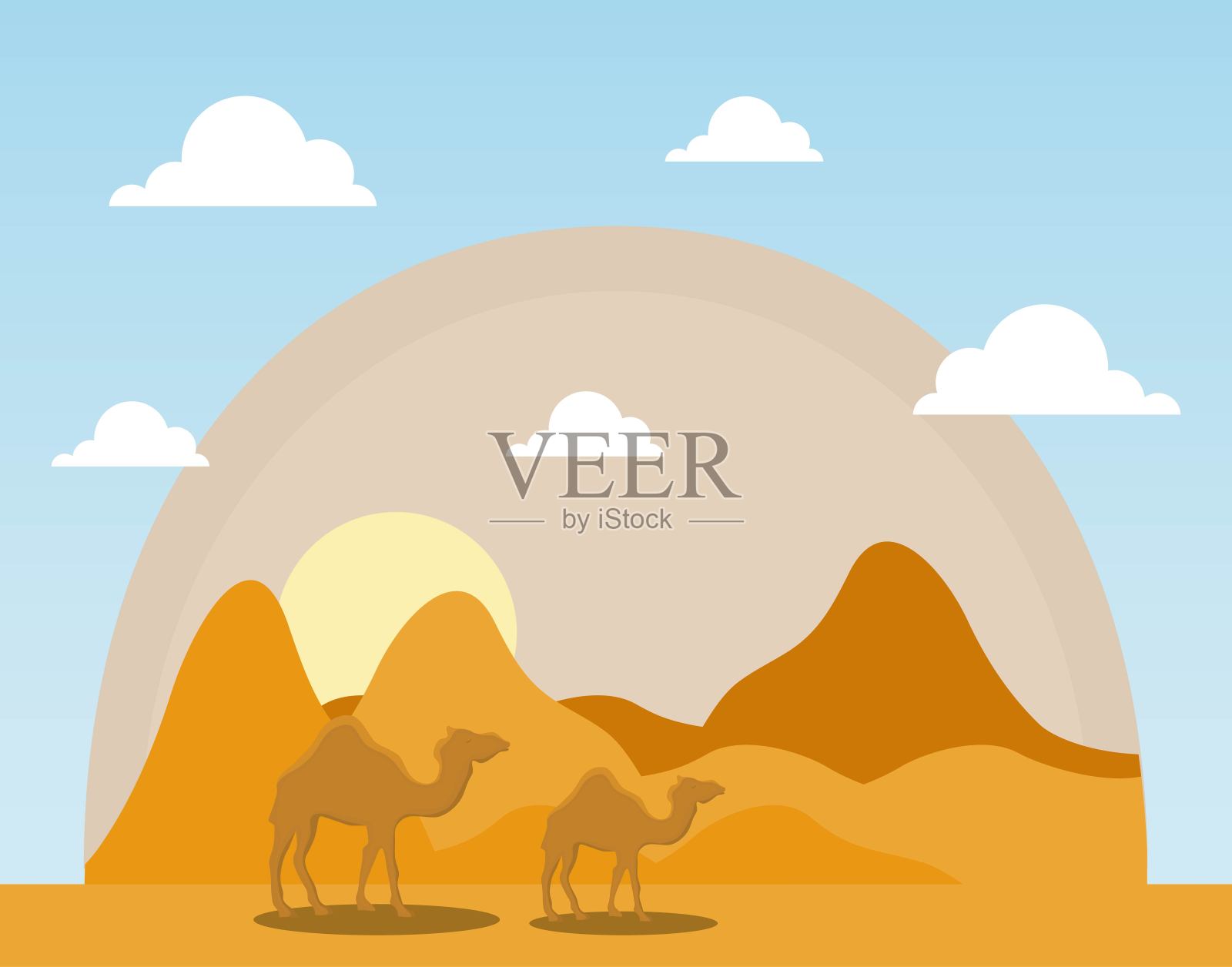 有骆驼的干燥沙漠景观插画图片素材