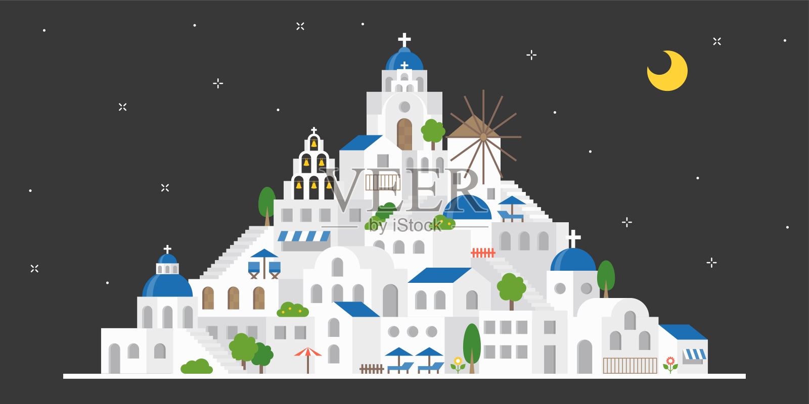 希腊圣托里尼的夜景，平面设计包括地标、教堂、风车插画图片素材