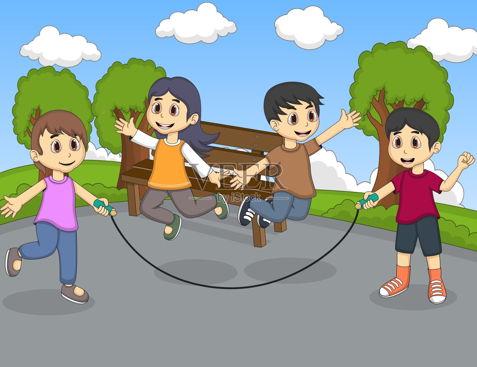 孩子们在街上玩跳绳的卡通插画图片素材