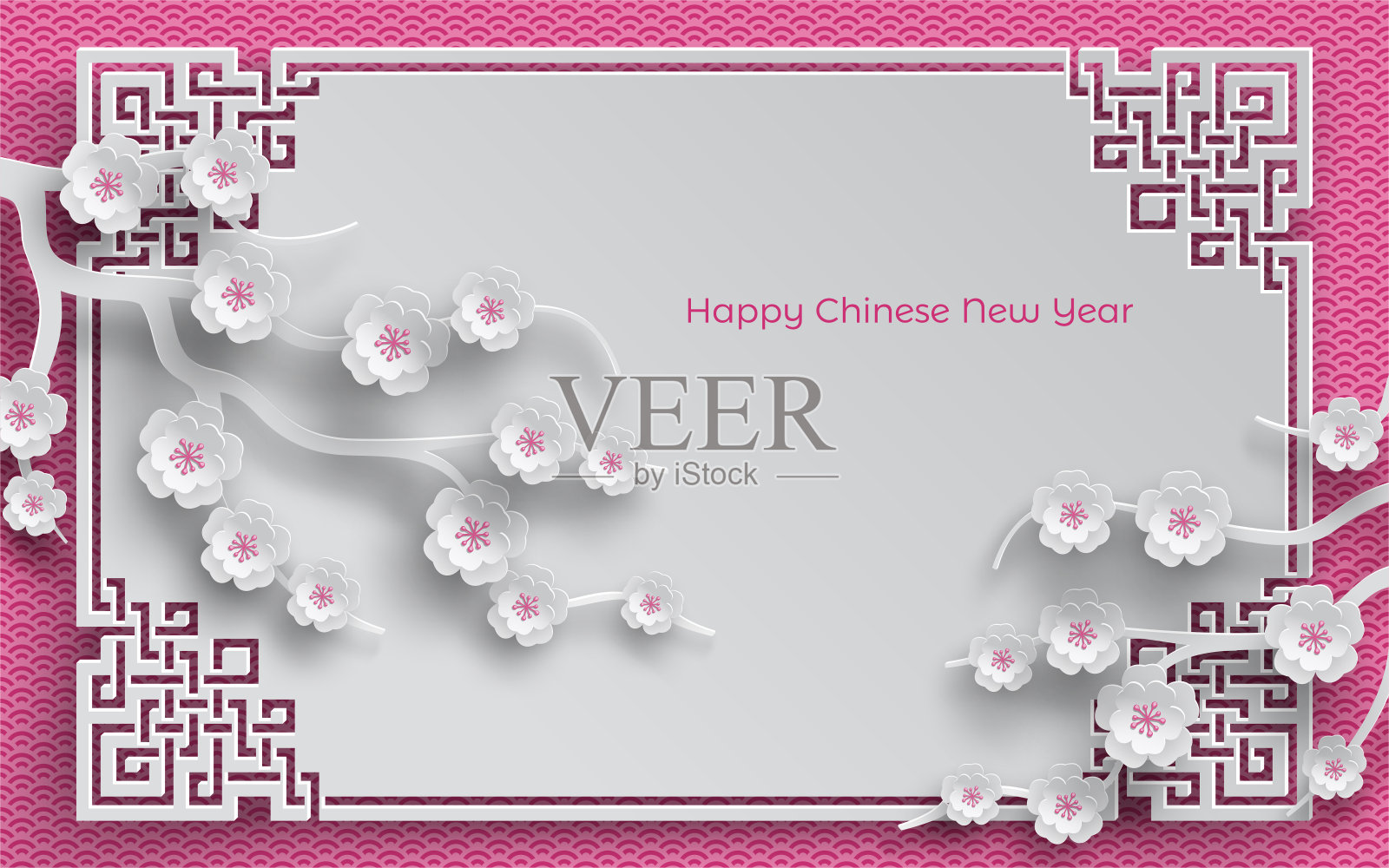 樱花枝，东方框架上的粉红色图案背景为中国新年贺卡，剪纸风格。矢量，说明中国新年背景图片素材