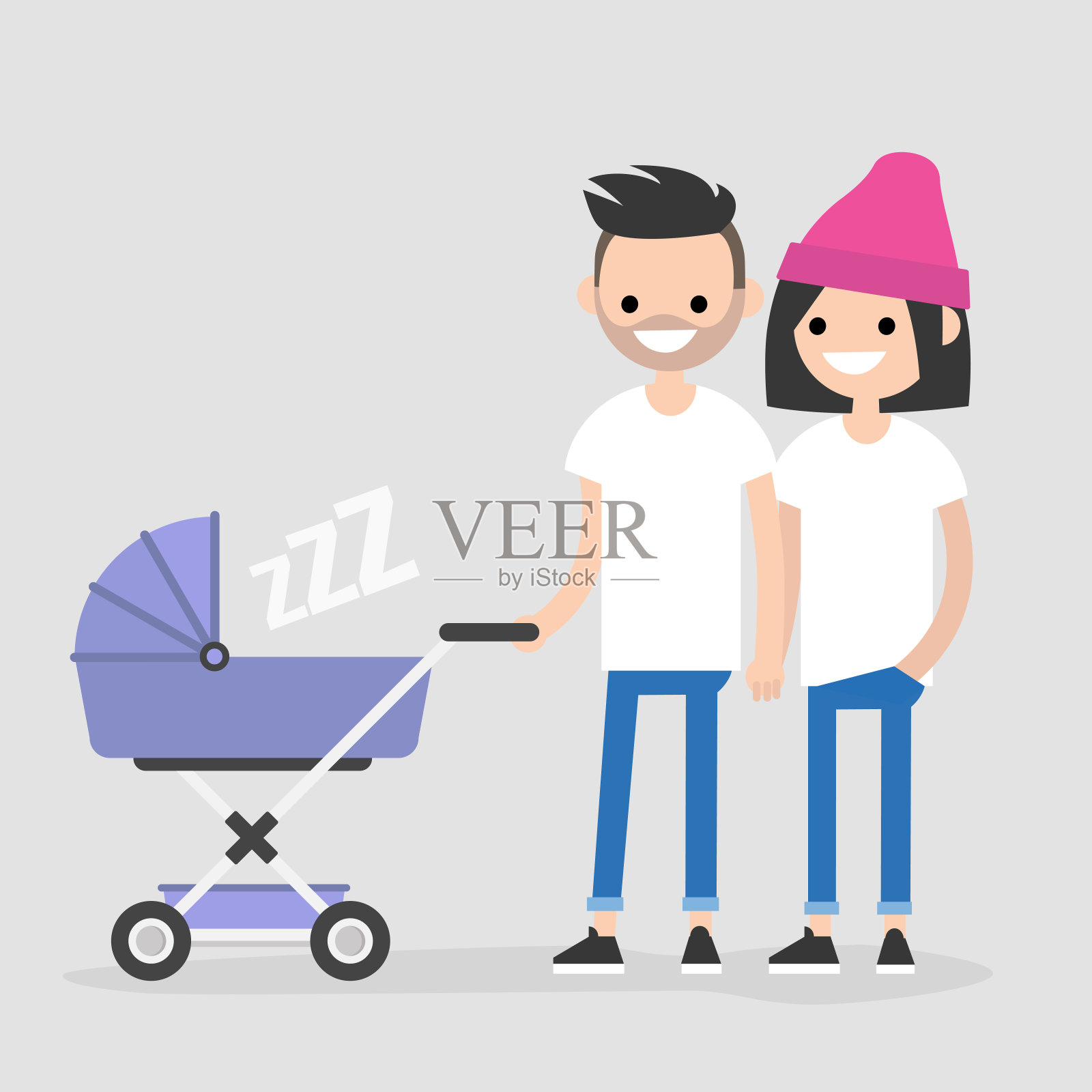 年轻的一家人推着婴儿车走路。母亲和父亲。一对夫妇和一个孩子。平面可编辑矢量插图，剪辑艺术插画图片素材