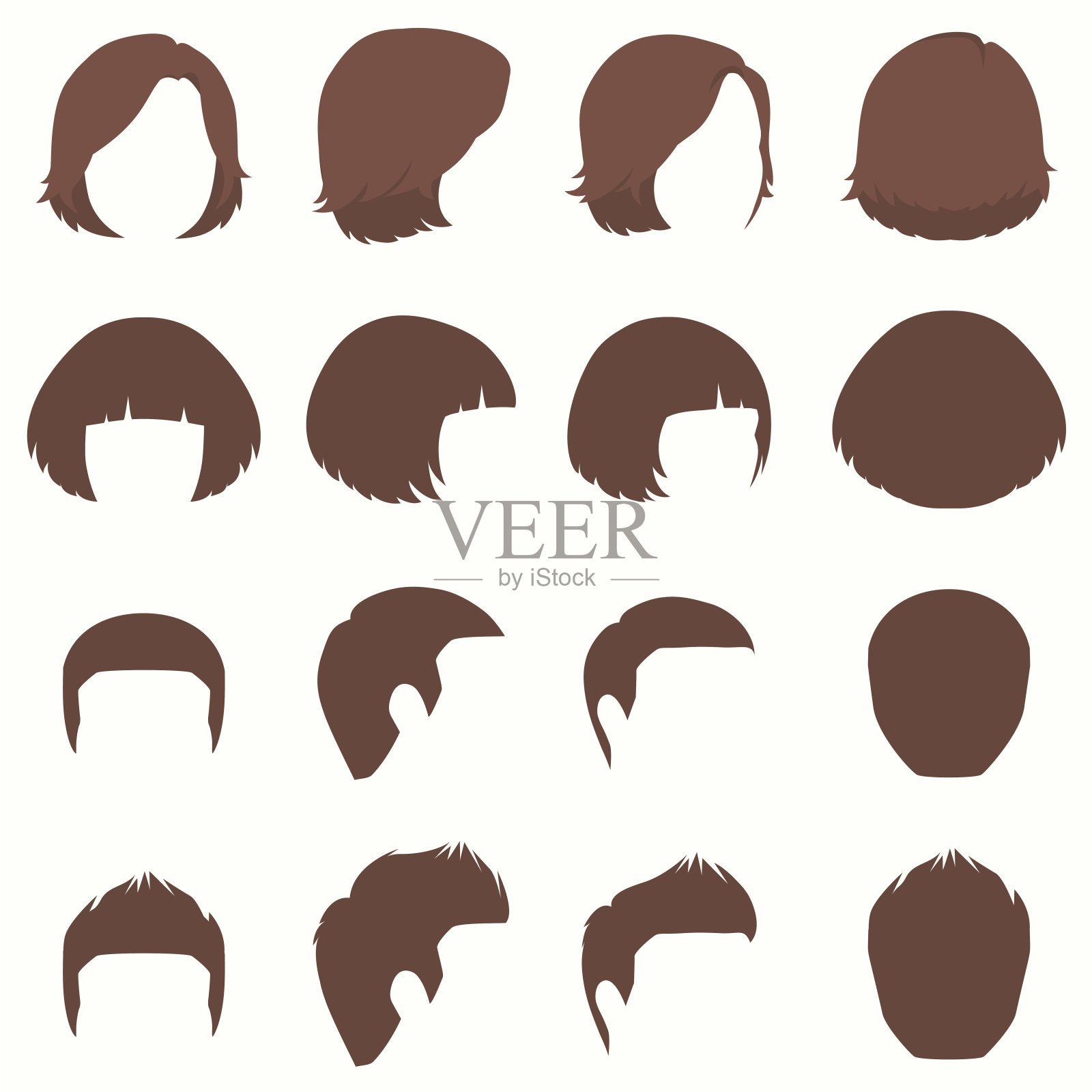 头发，矢量发型剪影，前，后和侧面视图插画图片素材