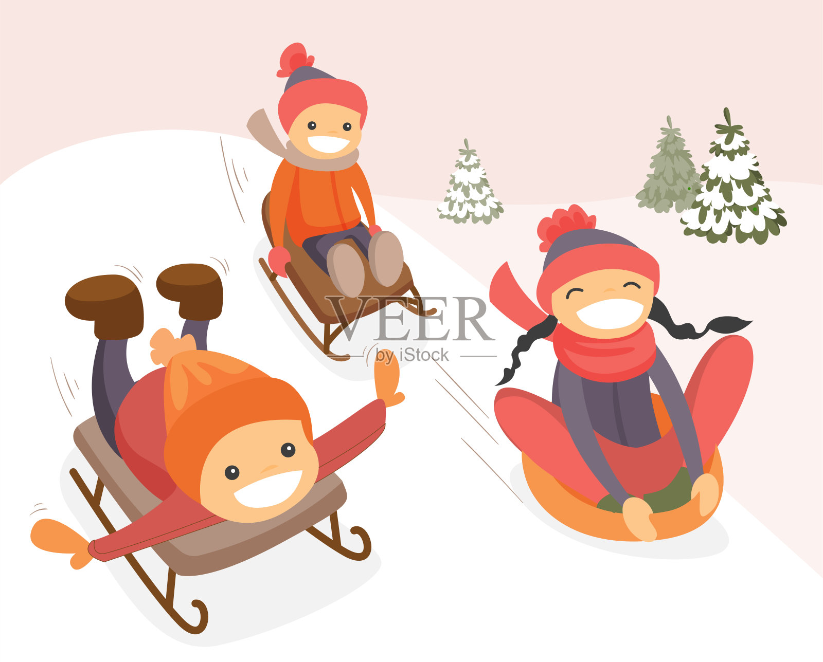 一群享受雪橇之旅的白人孩子插画图片素材