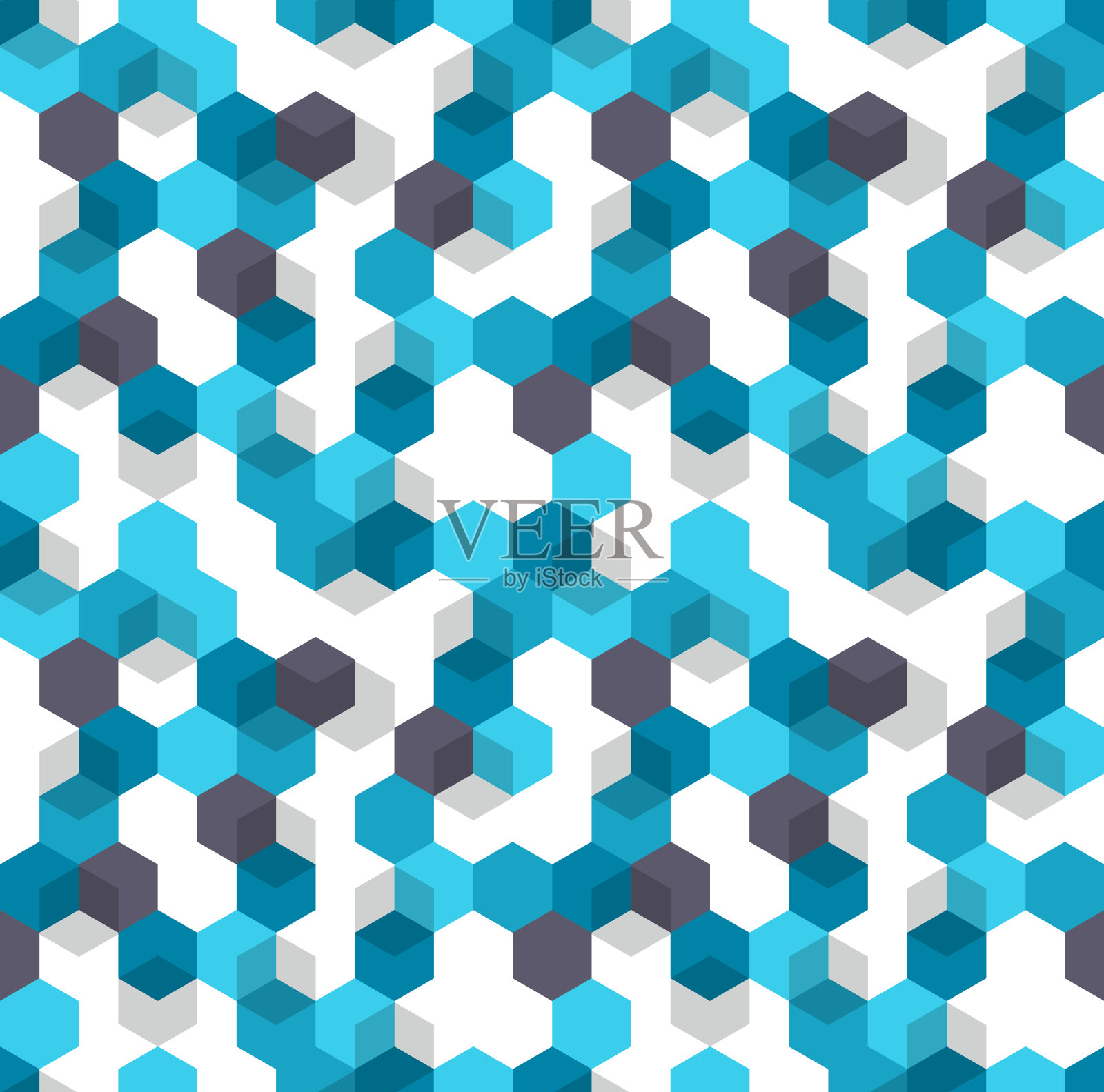 蜂窝载体的背景。蓝色、白色、黑色无缝图案，用于医疗展示。现代几何纹理，用彩色六角形和立方体装饰插画图片素材