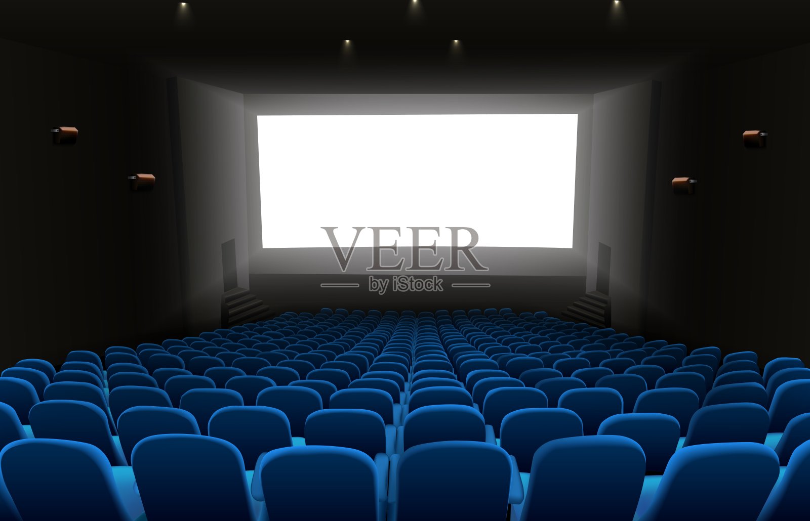 有蓝色座位和白色空白屏幕的电影院礼堂插画图片素材