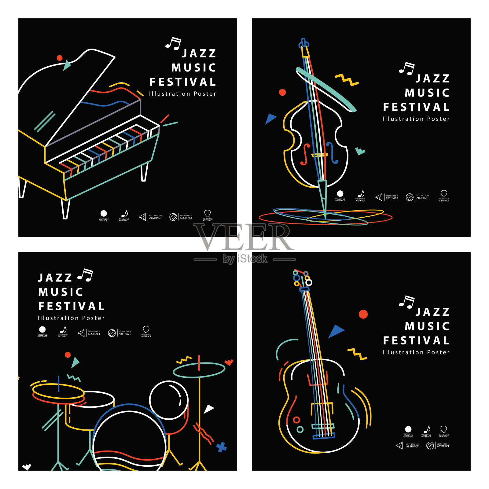 爵士音乐横幅海报方形4乐器插图向量。音乐的概念。设计模板素材