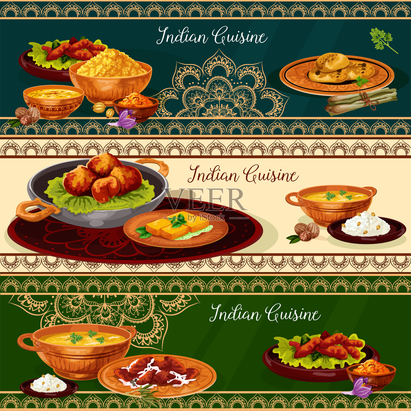 印度菜辛辣午餐菜肴旗帜套装插画图片素材