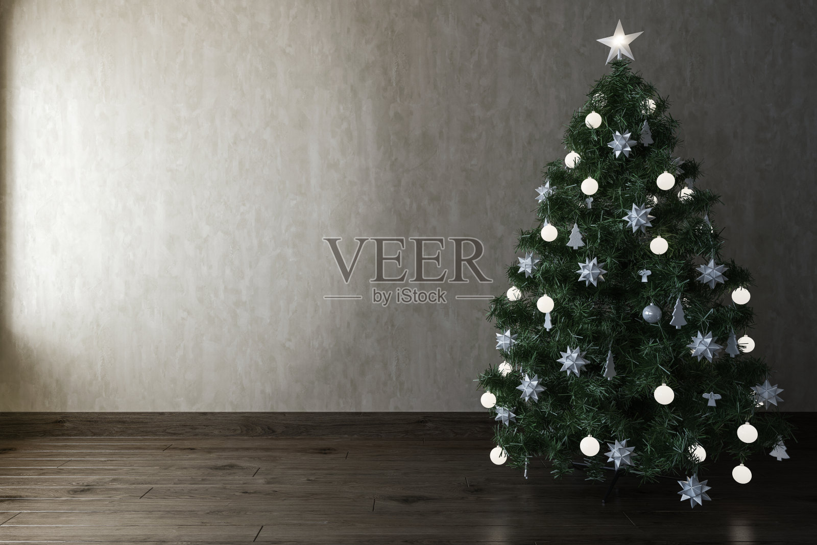 装饰圣诞树在一个空的房间插画图片素材