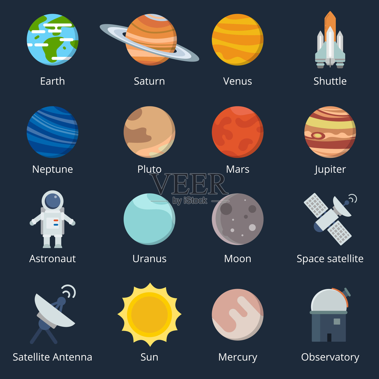 太阳系的行星和不同的空间工具。图标设置在矢量风格插画图片素材