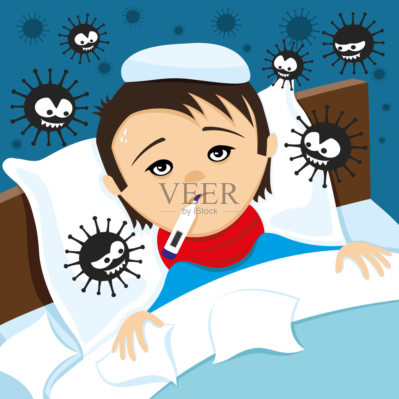 卧病在床的孩子和病毒。插画图片素材