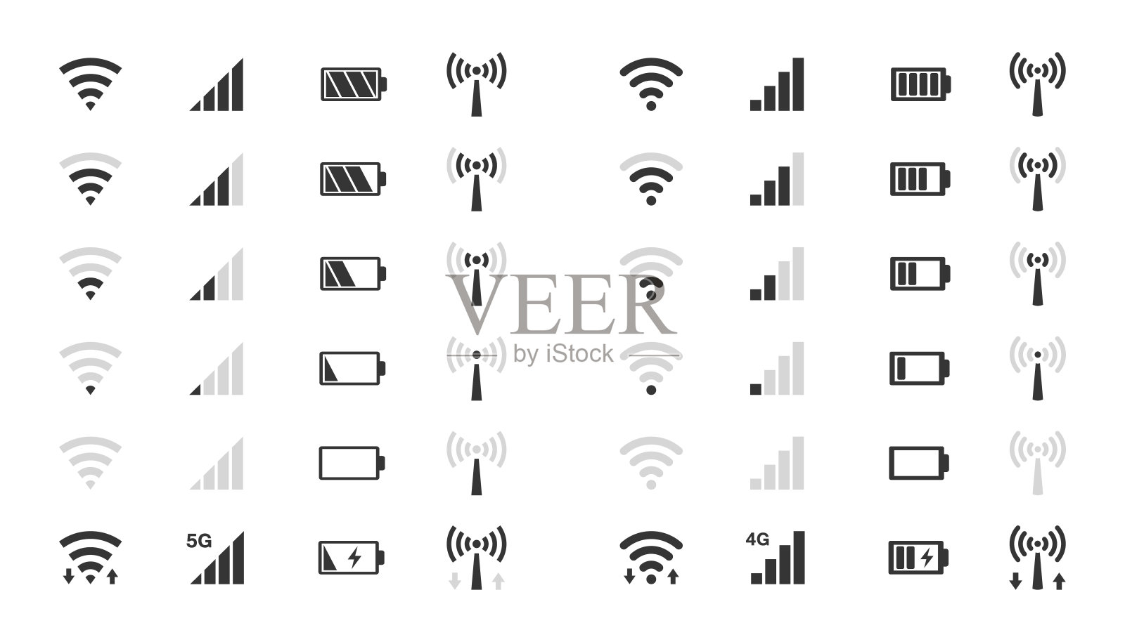 Wifi水平图标，信号强度指示器，电池充电图标素材