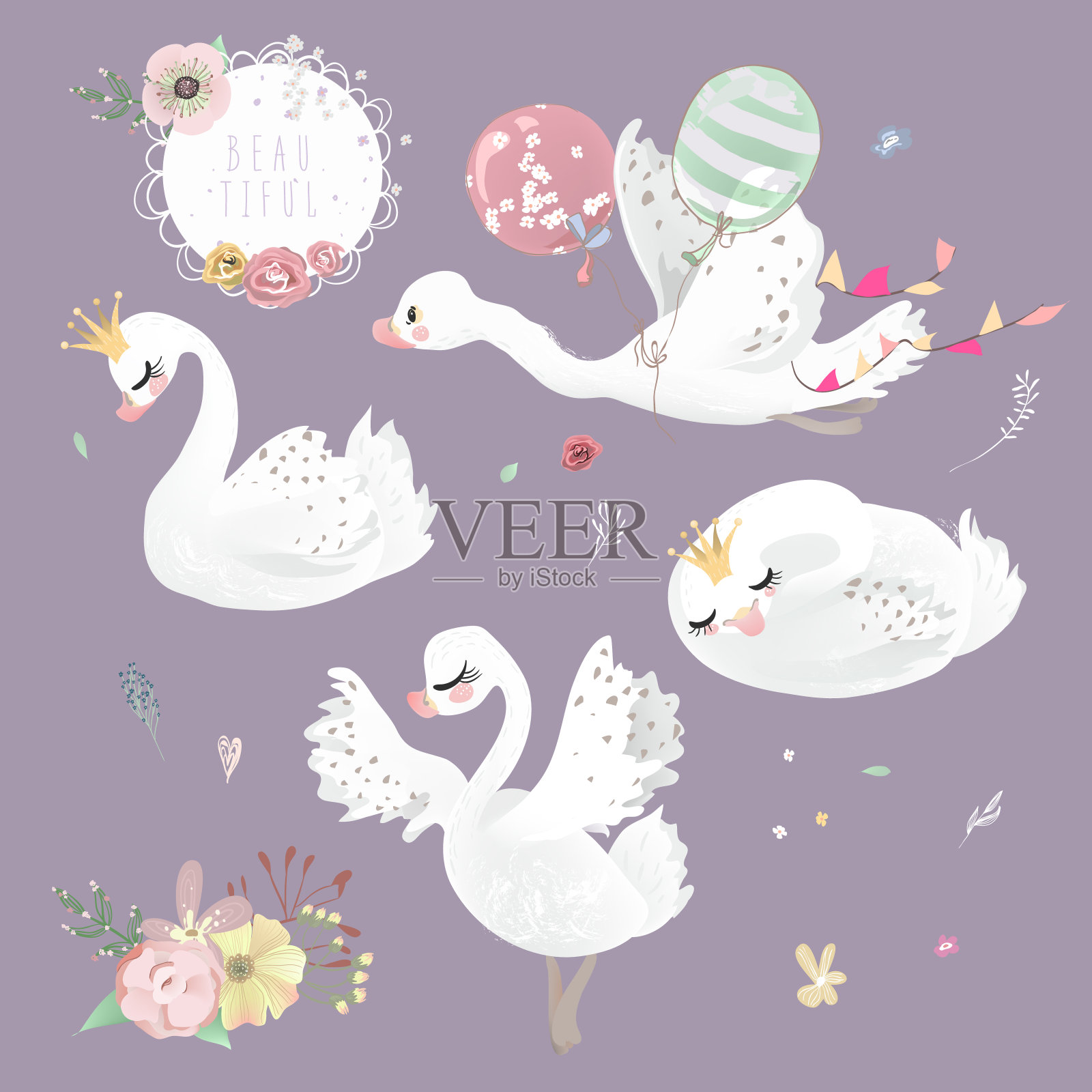 天鹅(鹅，鸭)冠，花和气球收集，集插画图片素材