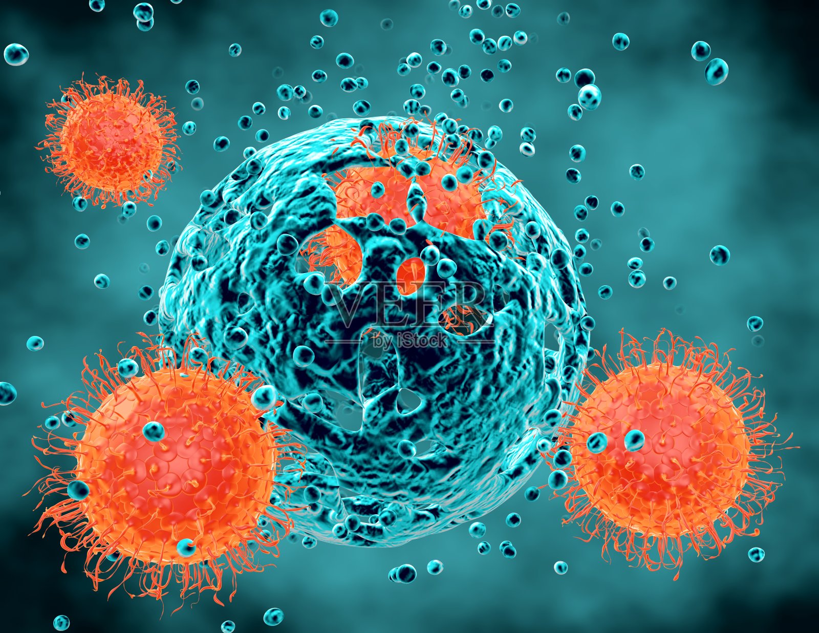 病毒细胞攻击和破坏人体细胞的抽象3d插图。插画图片素材