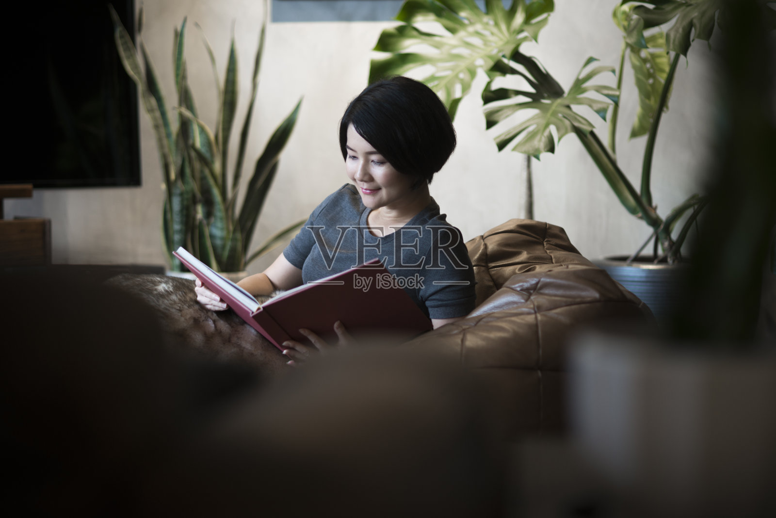 亚洲女性在家读书。照片摄影图片