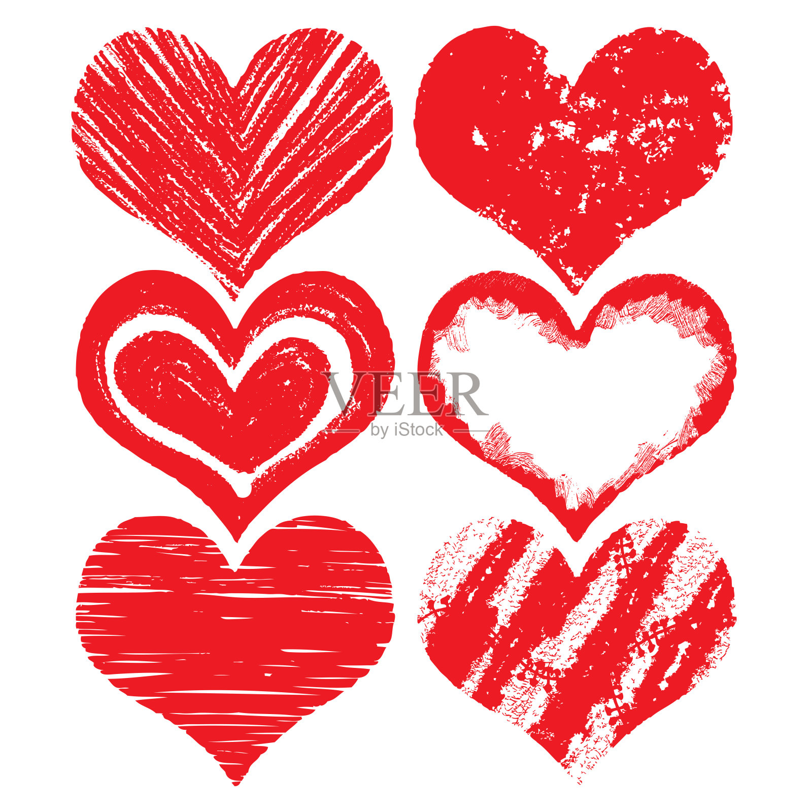 心图标集，手绘图标在红色的情人节。为婚礼收集的垃圾摇滚向量心。由粉笔和水彩制成的。插画图片素材