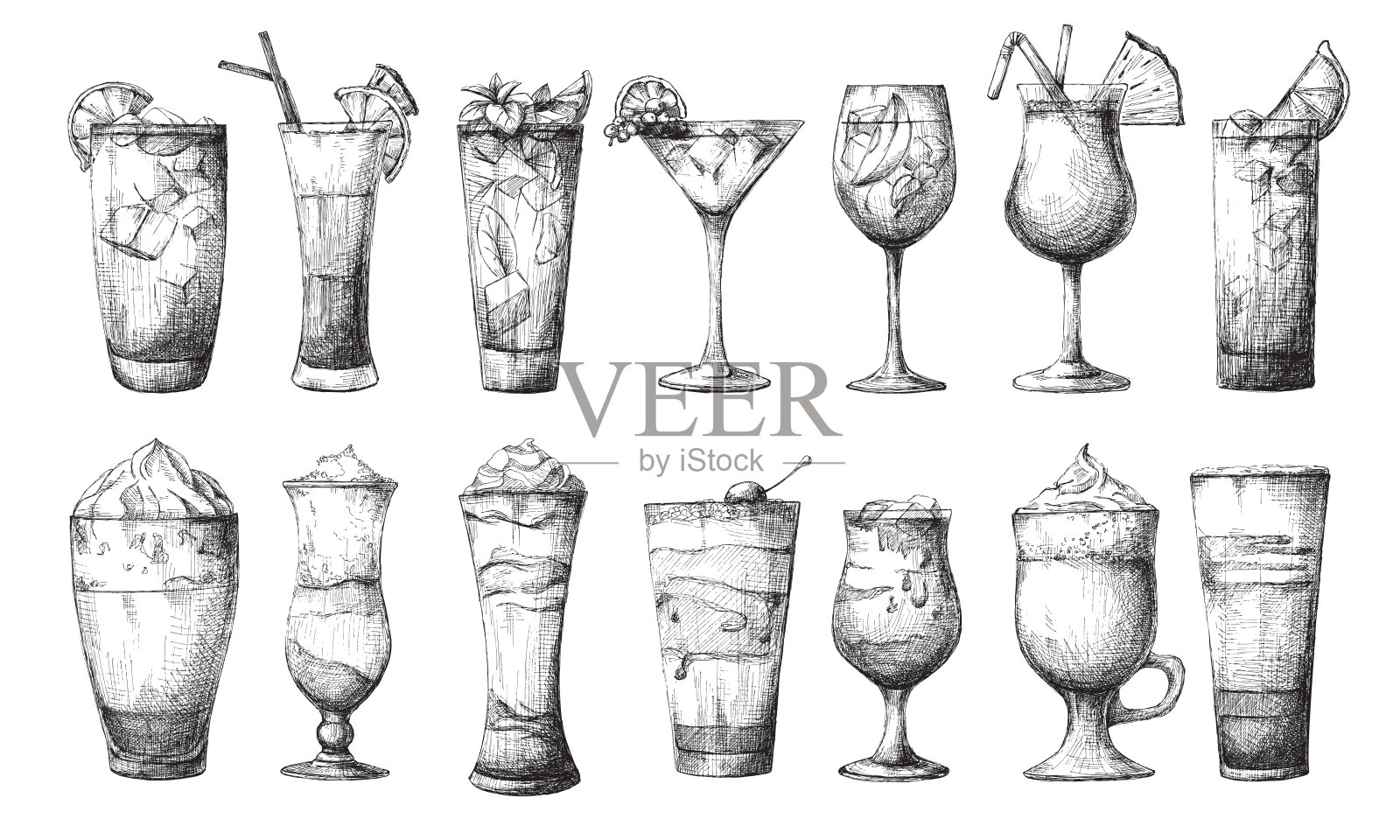 不同的大杯子，不同的鸡尾酒。矢量插图的草图风格。插画图片素材