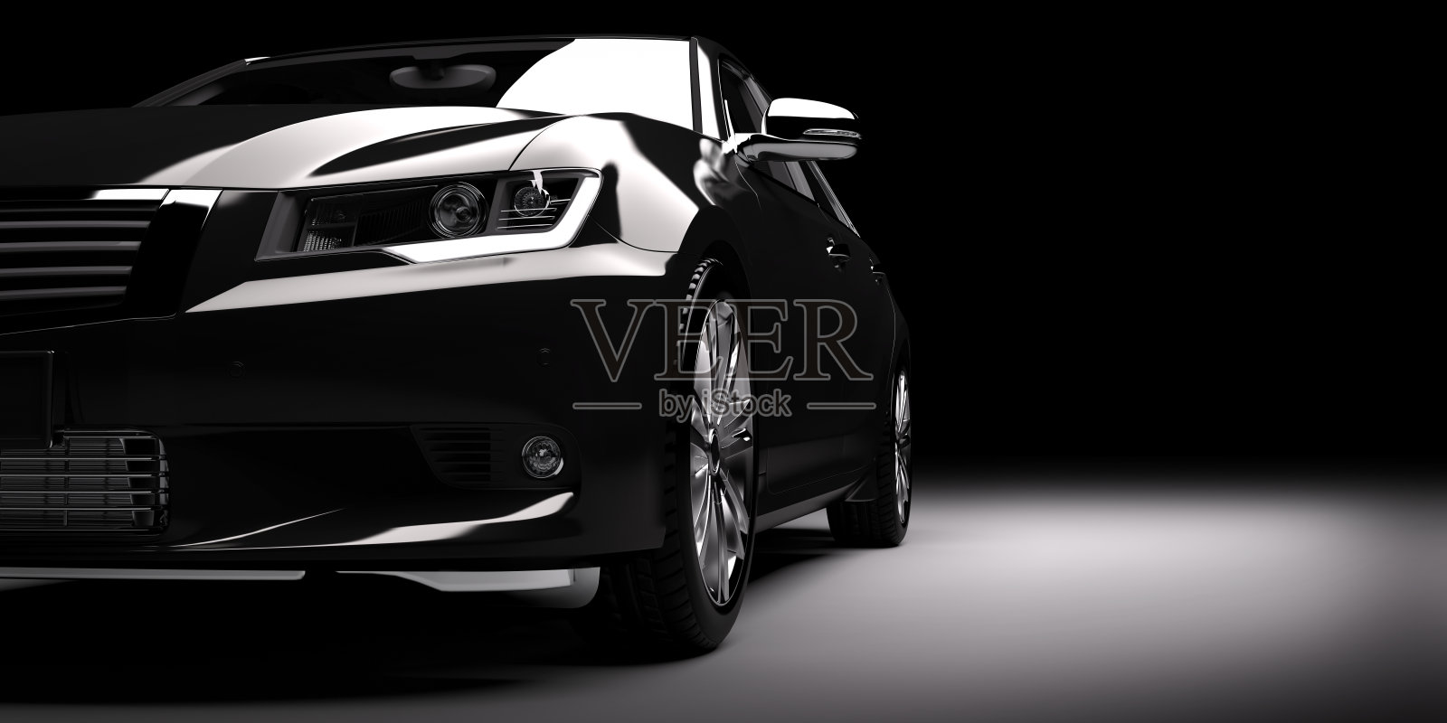新的黑色金属轿车轿车在聚光灯下。现代设计,brandless。照片摄影图片