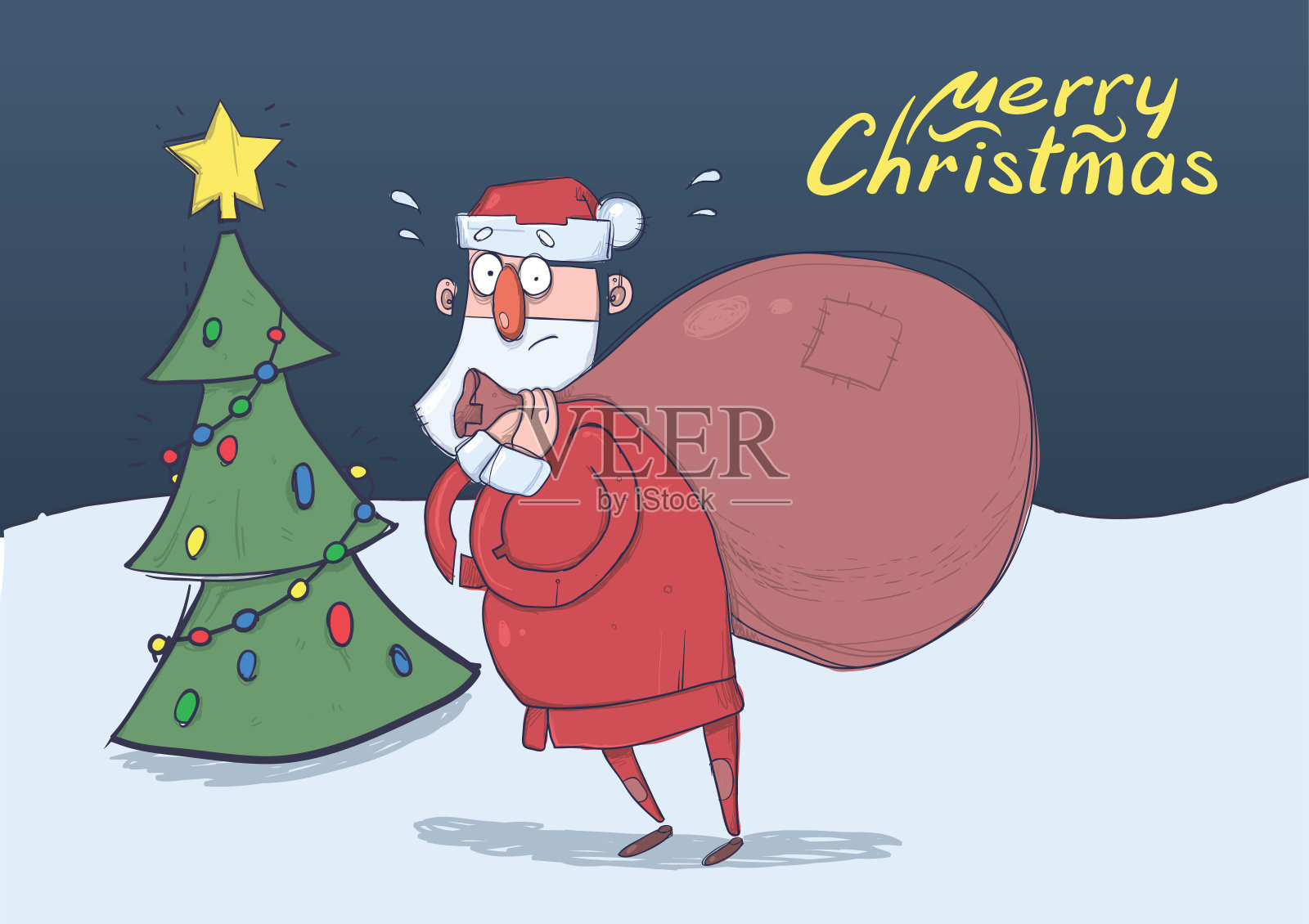 搞笑的圣诞贺卡迷糊了圣诞老人带着大袋子在晚上装饰的圣诞树前。圣诞老人看起来迷路了。水平向量插图。卡通人物。刻字。副本的空间。设计模板素材