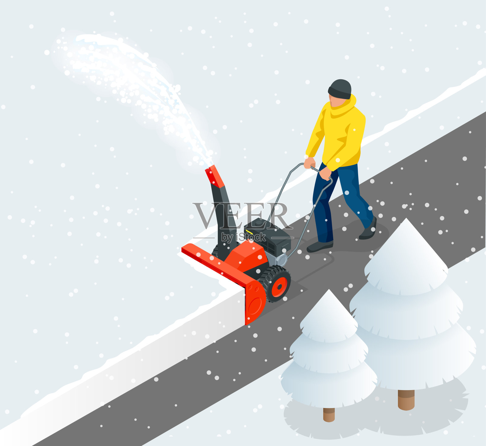 一个男人用吹雪机清理人行道上的雪。暴雪后城市。等距矢量插图。插画图片素材