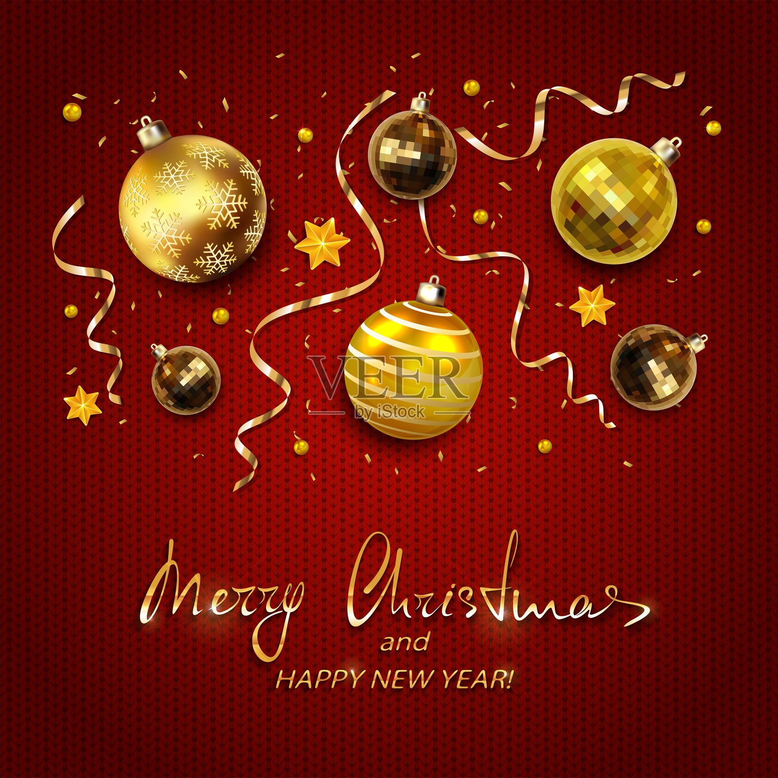 金色的圣诞球与饰带在红色编织的背景设计模板素材