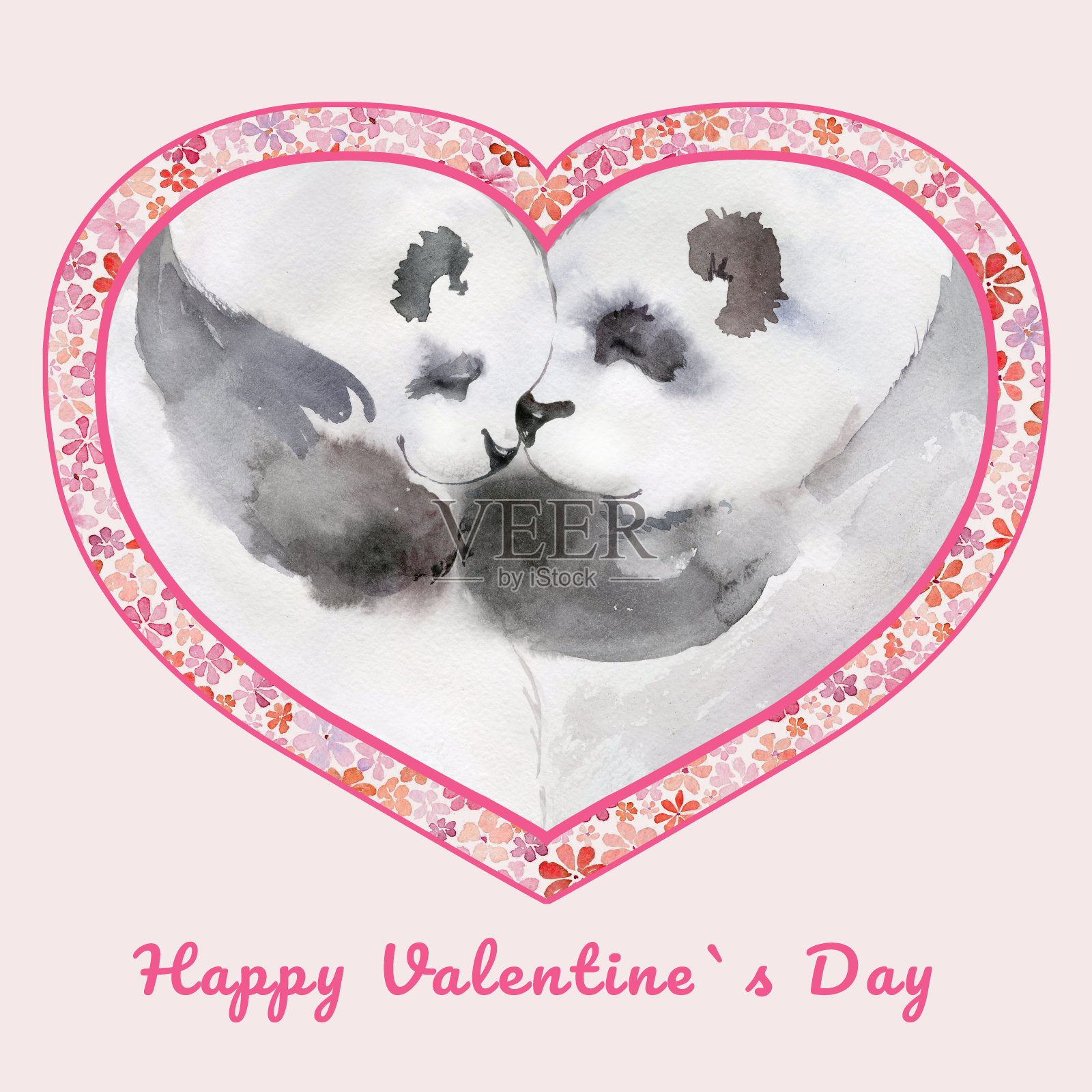 两只亲吻的熊猫在心形的框架和小花。情人节快乐。水彩画。手绘插图。广场。粉红色的背景。插画图片素材