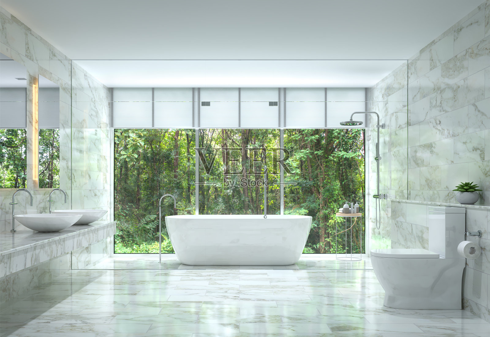 现代豪华浴室与自然视图3d渲染图像插画图片素材
