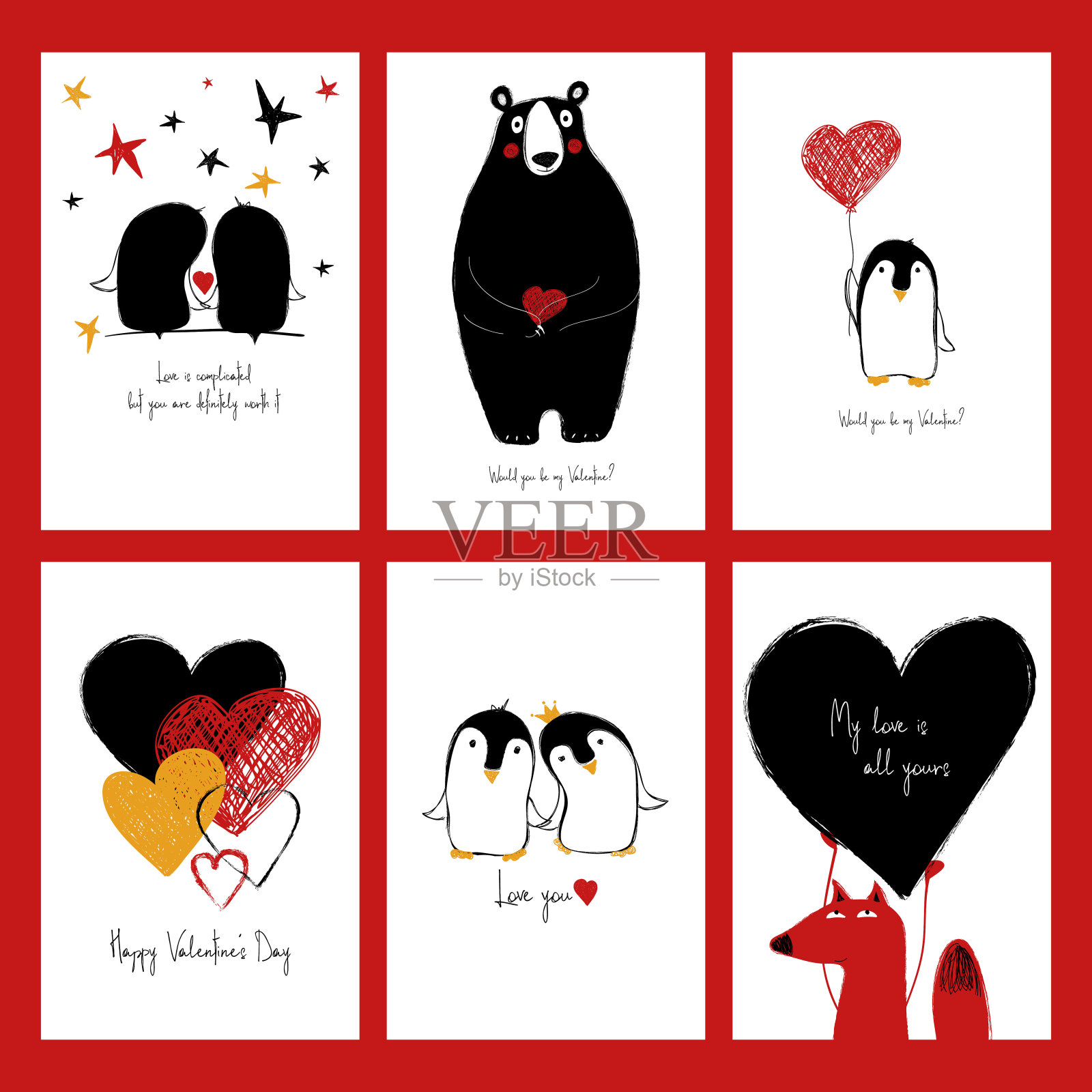 一套有动物的爱情卡片。插画图片素材