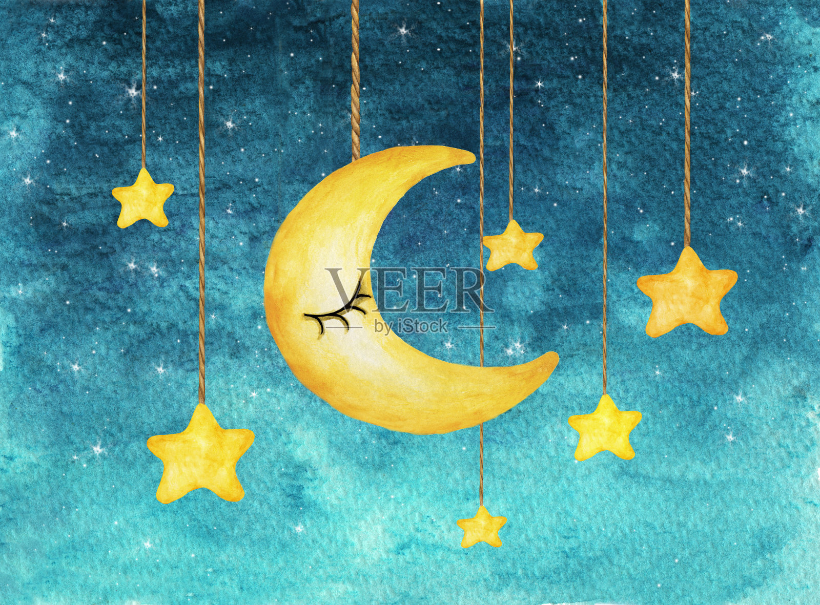 黄色的月亮和星星挂在水彩线上，白色的孤立的背景，夜空的背景。插画图片素材