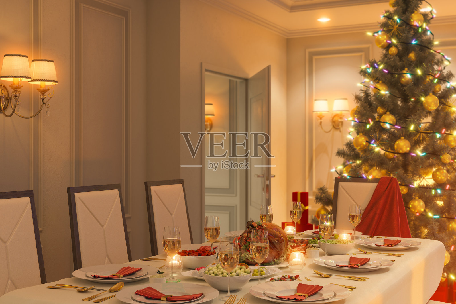圣诞家庭餐桌的3d插图。明信片或海报上的图像室内设计以古典建筑风格搭配圣诞树和礼物。插画图片素材
