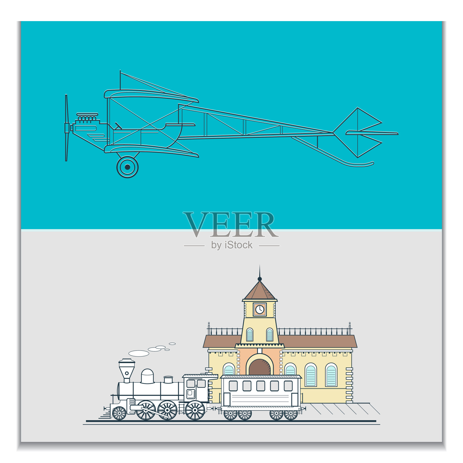 复古双翼飞机和老式火车插画图片素材