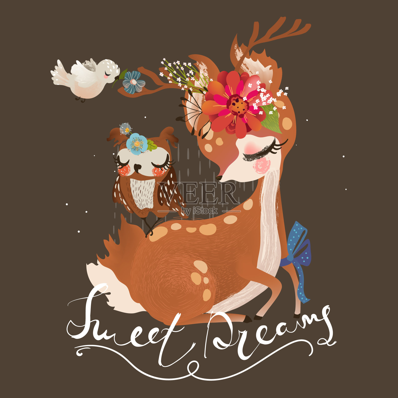 可爱的梦想小鹿，小鹿带着花圈和蝴蝶结插画图片素材