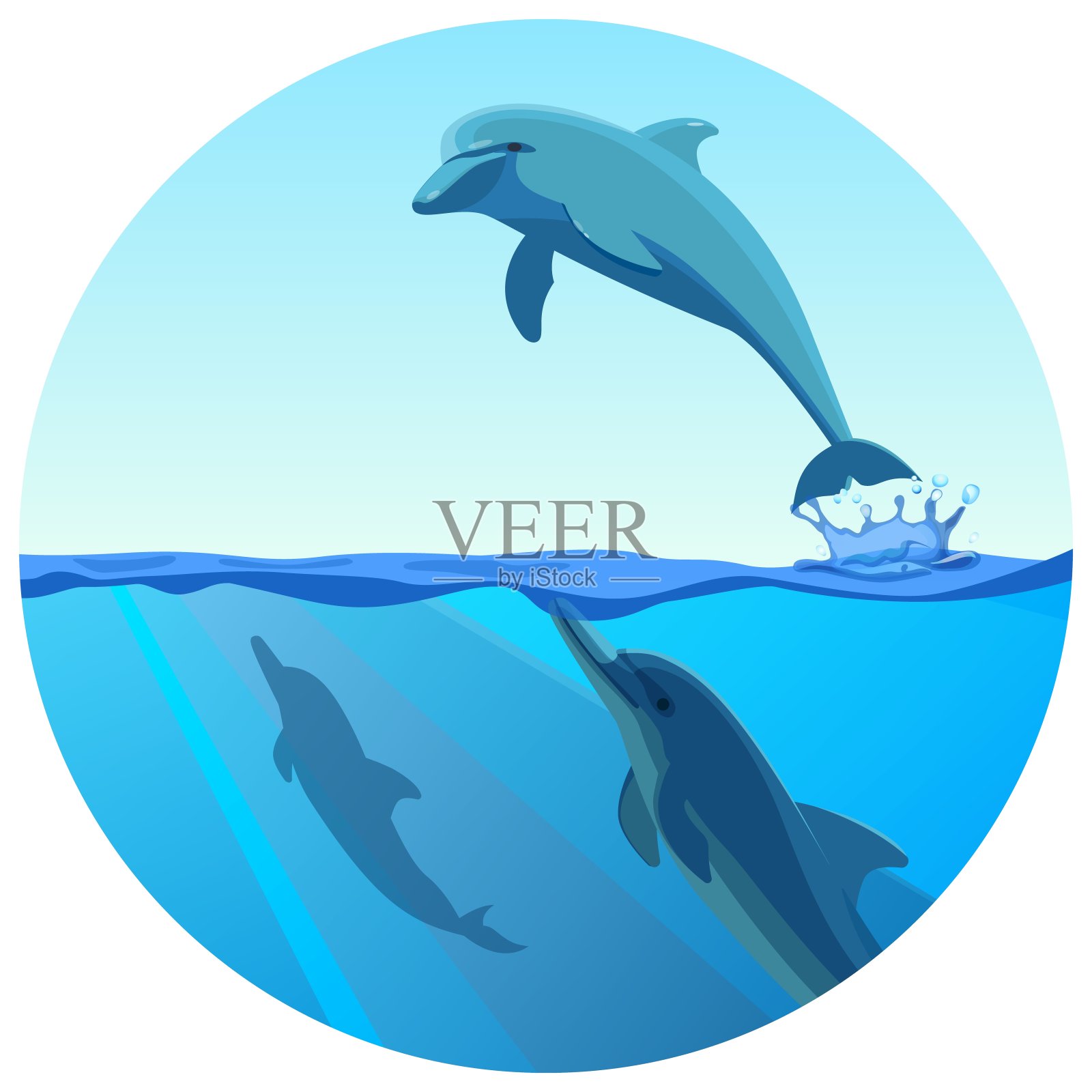 海豚在深蓝色的大海中跳出水面，矢量设计元素图片