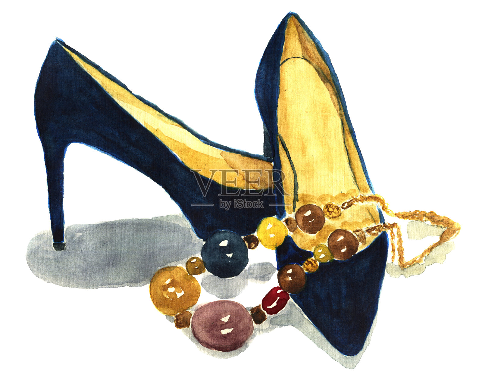 水彩海军蓝鞋配项链。优雅的时尚插画。孤立的插画图片素材