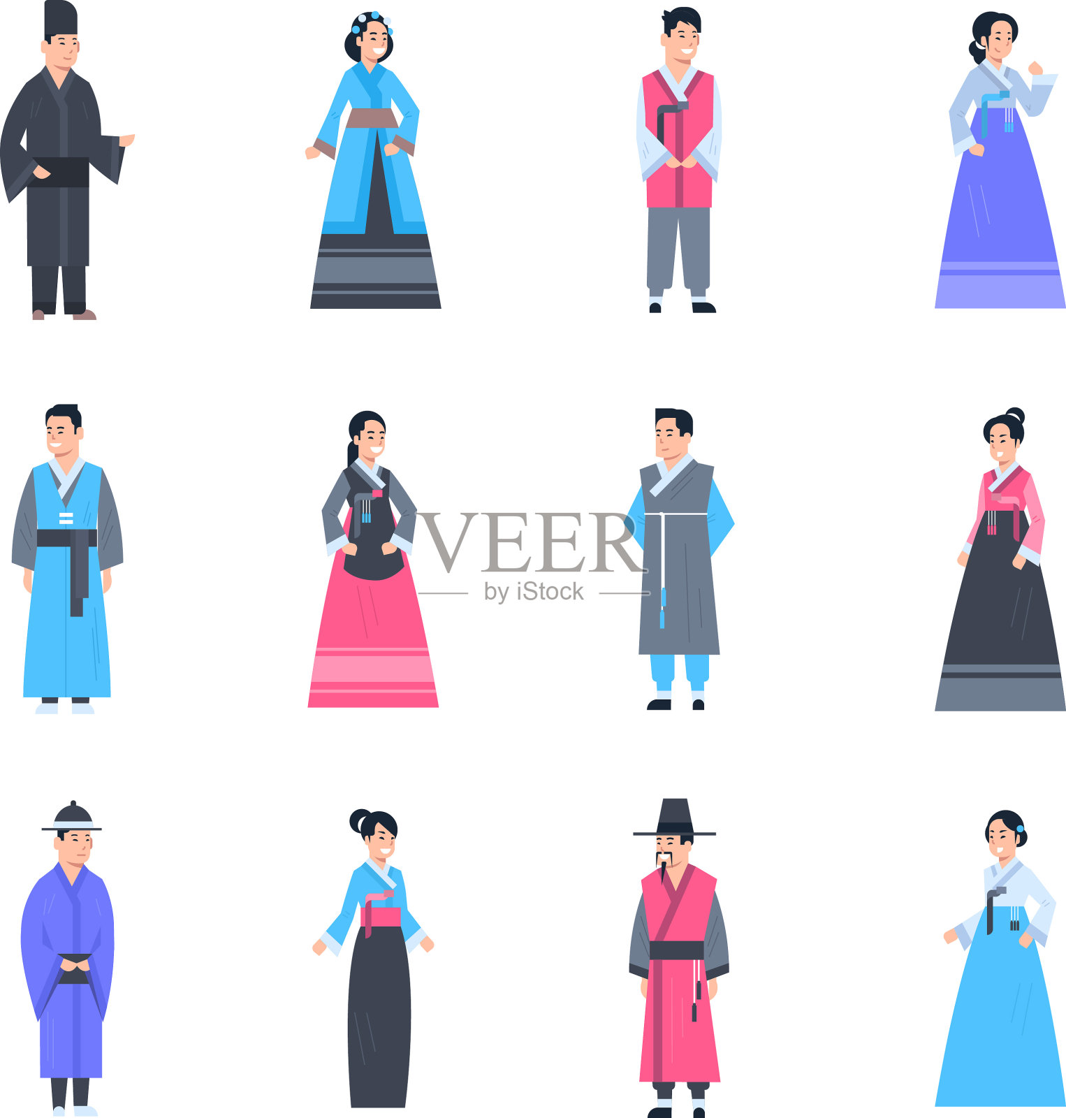韩国传统服装集的妇女和男子穿着古代服装孤立的亚洲服饰收集插画图片素材