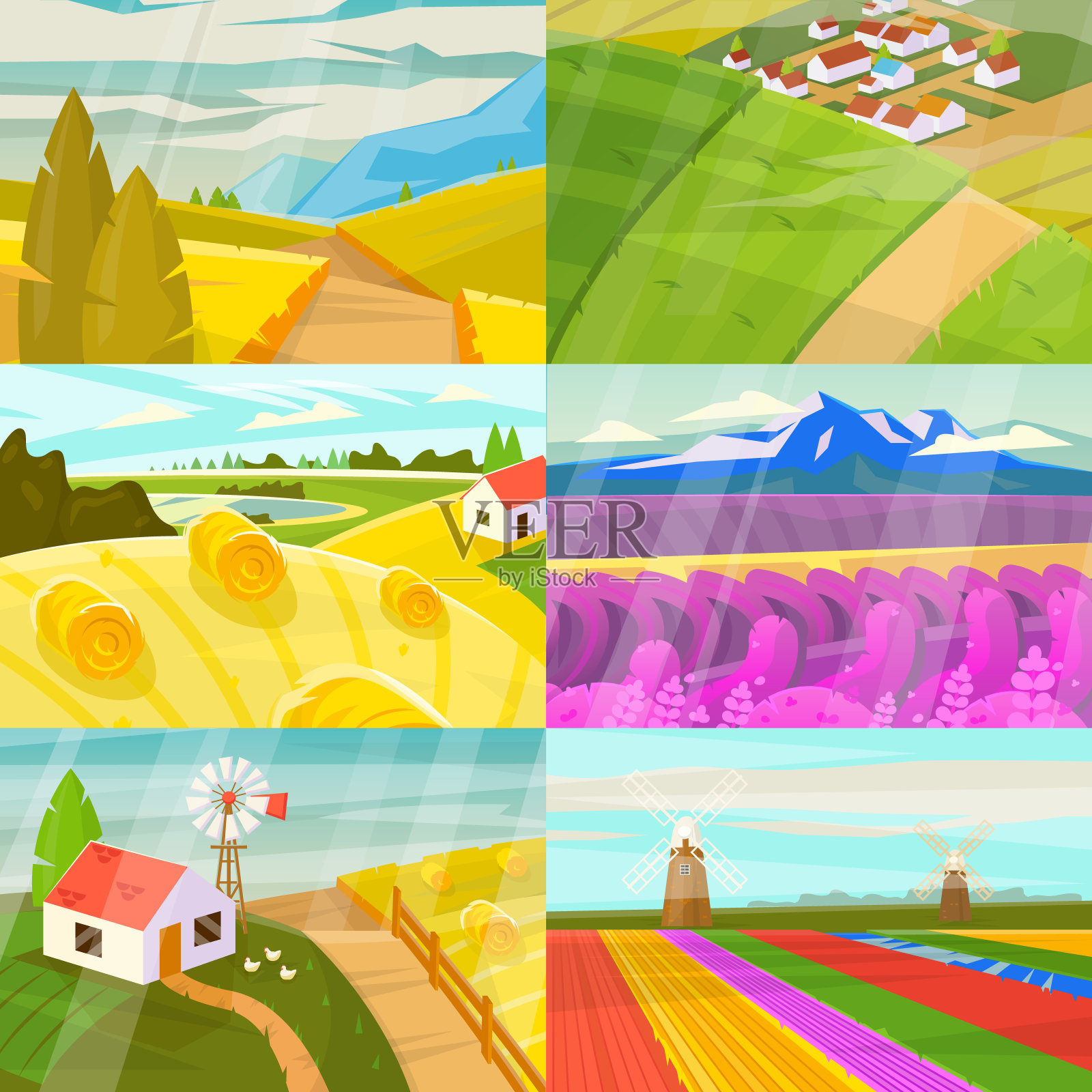 景观向量景观田园草地和土地的自然景观阳光的国家设置插图孤立在白色的背景插画图片素材