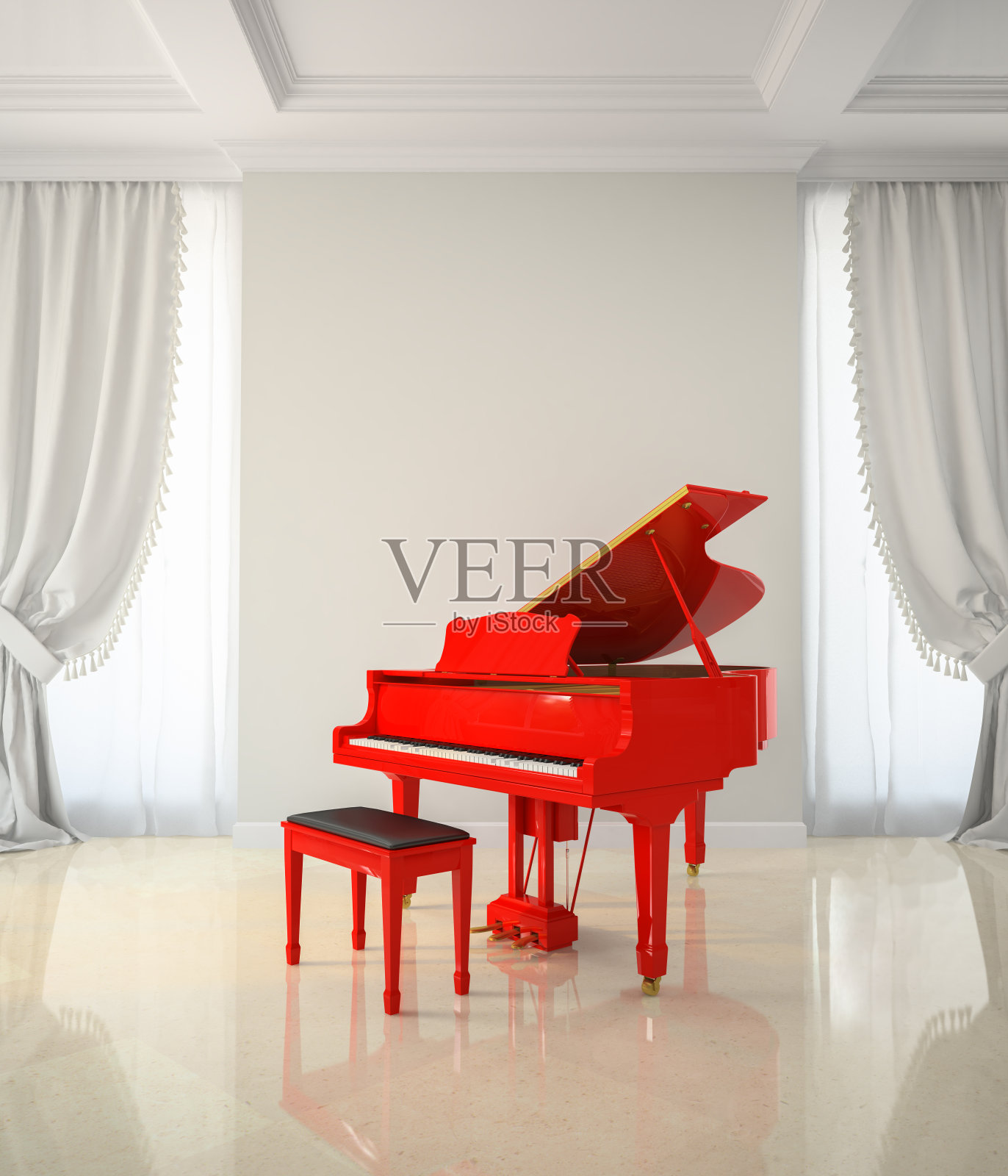 古典风格的房间，配有红色钢琴照片摄影图片