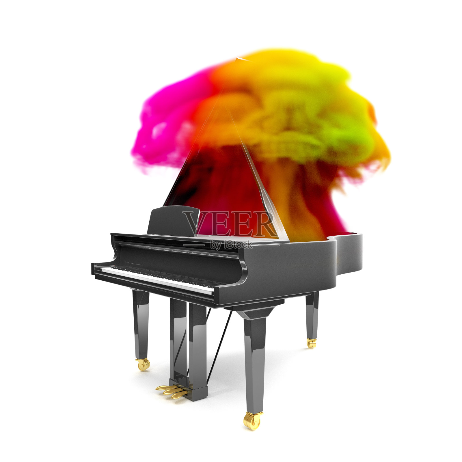 豪华的黑色光泽钢琴在白色的场景与彩虹烟。3 d渲染插图。插画图片素材
