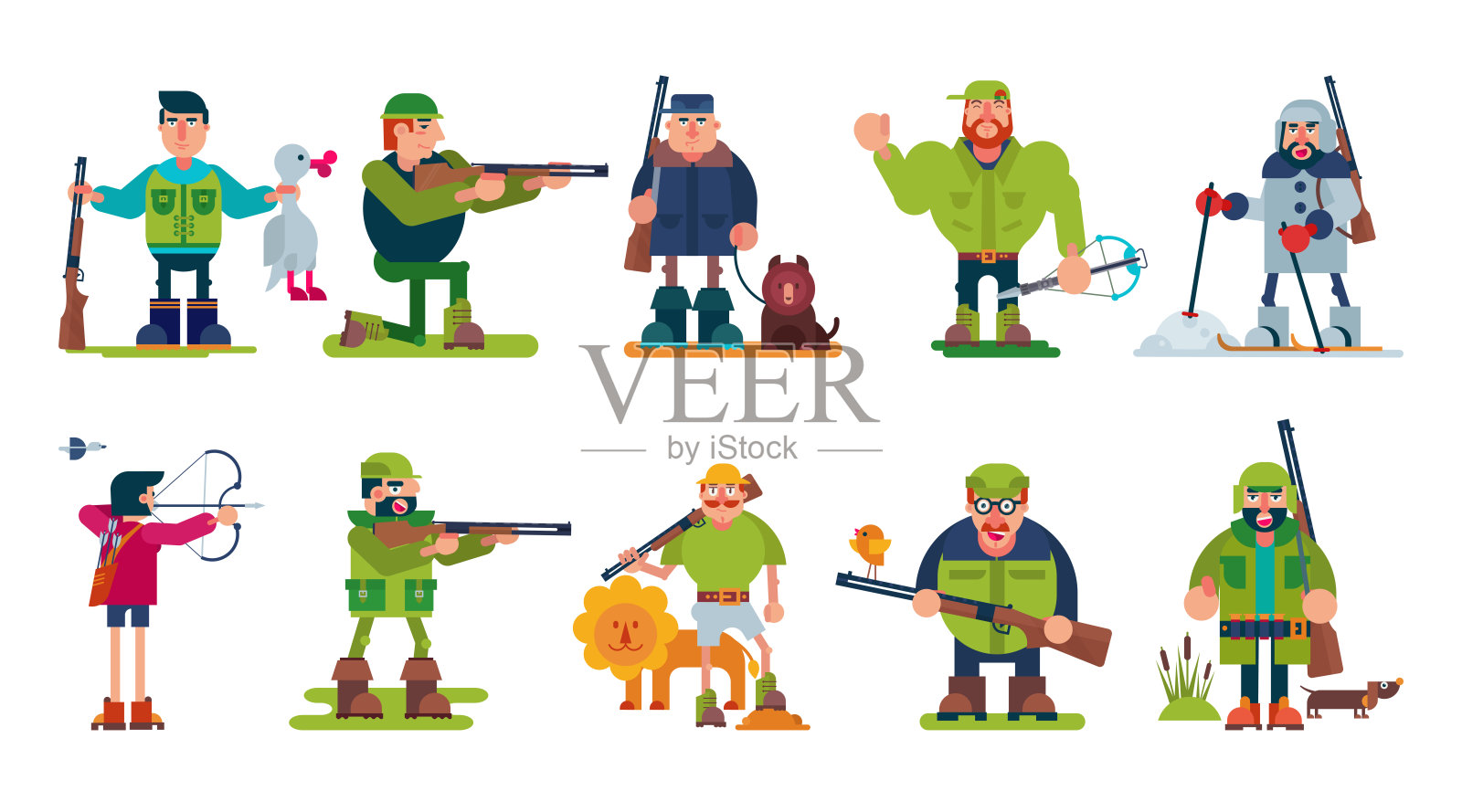 猎人矢量卡通人物猎人打猎与枪在森林和人在帽子狩猎与步枪或猎枪插图设置孤立的白色背景插画图片素材