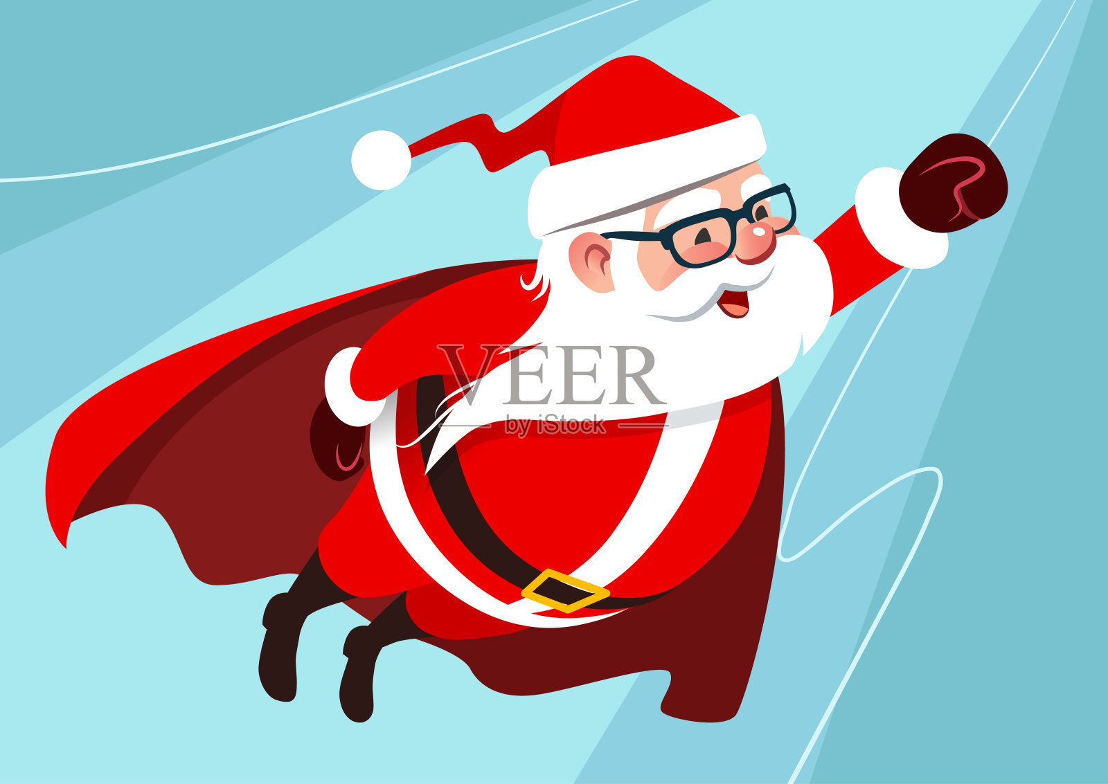 矢量卡通插图可爱有趣的圣诞老人作为超级英雄，穿着斗篷，飞在空中，一只胳膊向前伸展，在水蓝色的背景。圣诞平面设计元素。插画图片素材