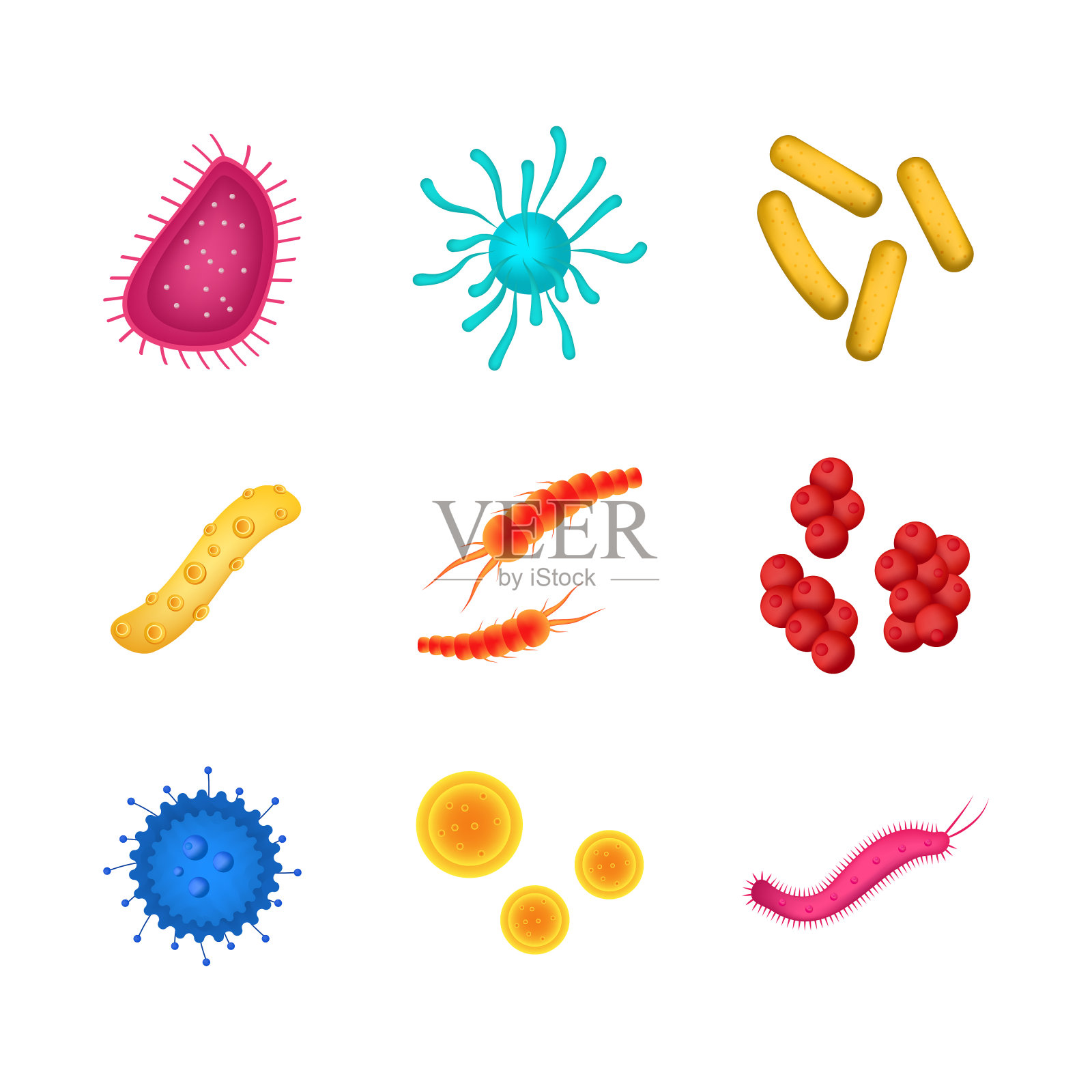 逼真的详细3d病毒和细菌集。向量插画图片素材
