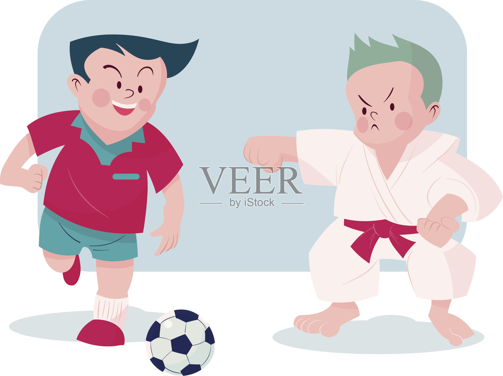 男孩踢足球和空手道矢量插图插画图片素材