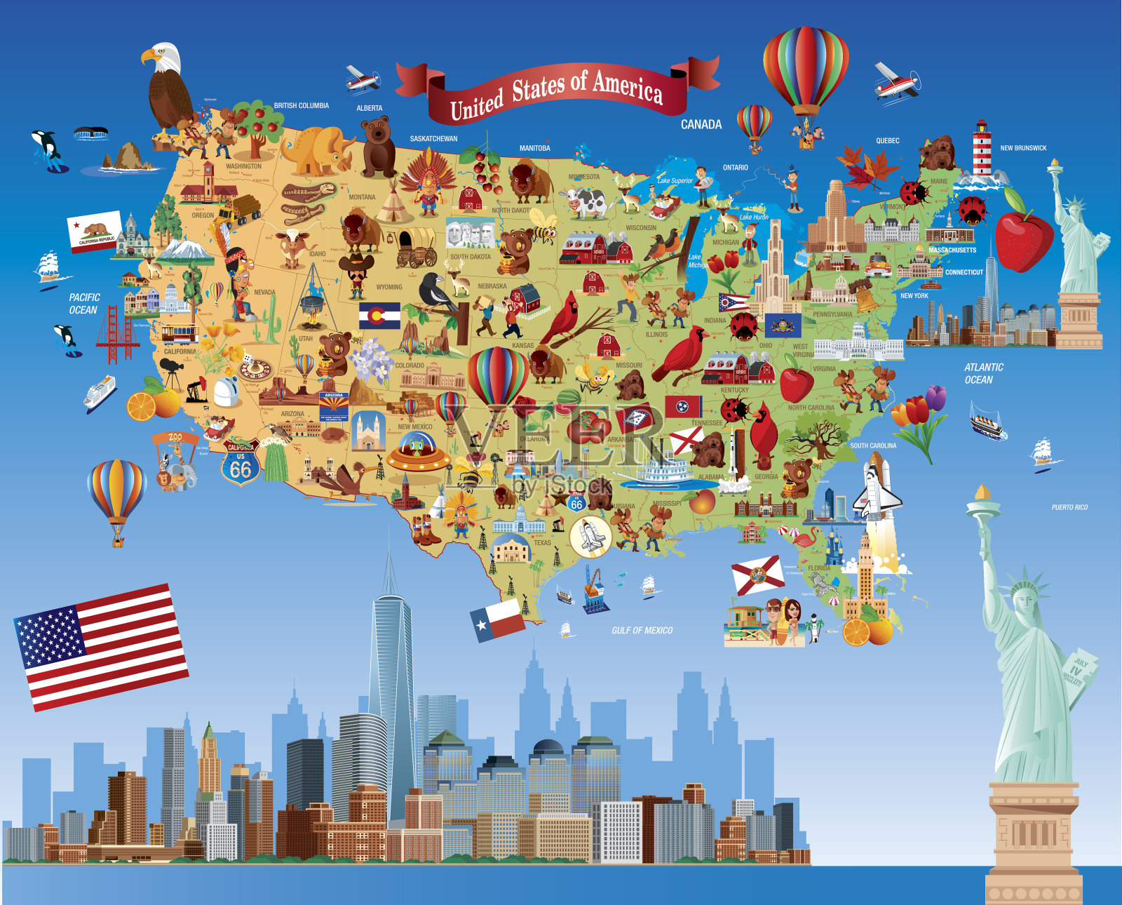 美国卡通地图插画图片素材
