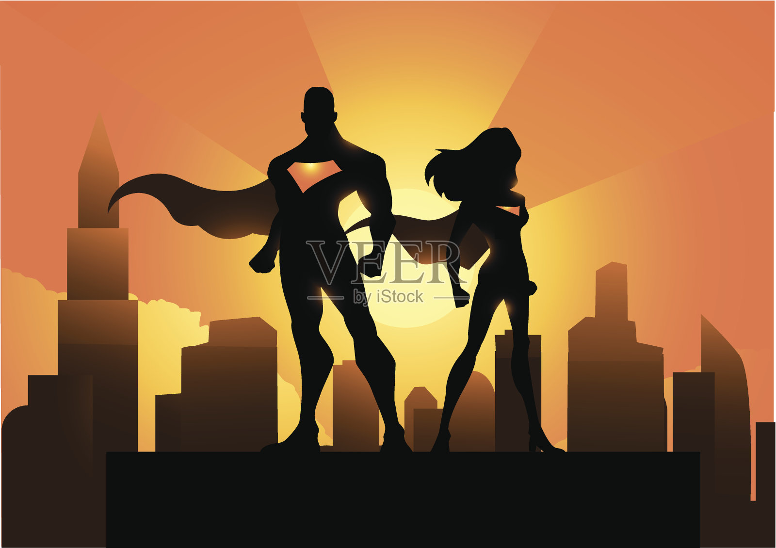 城市里的超级英雄夫妇插画图片素材